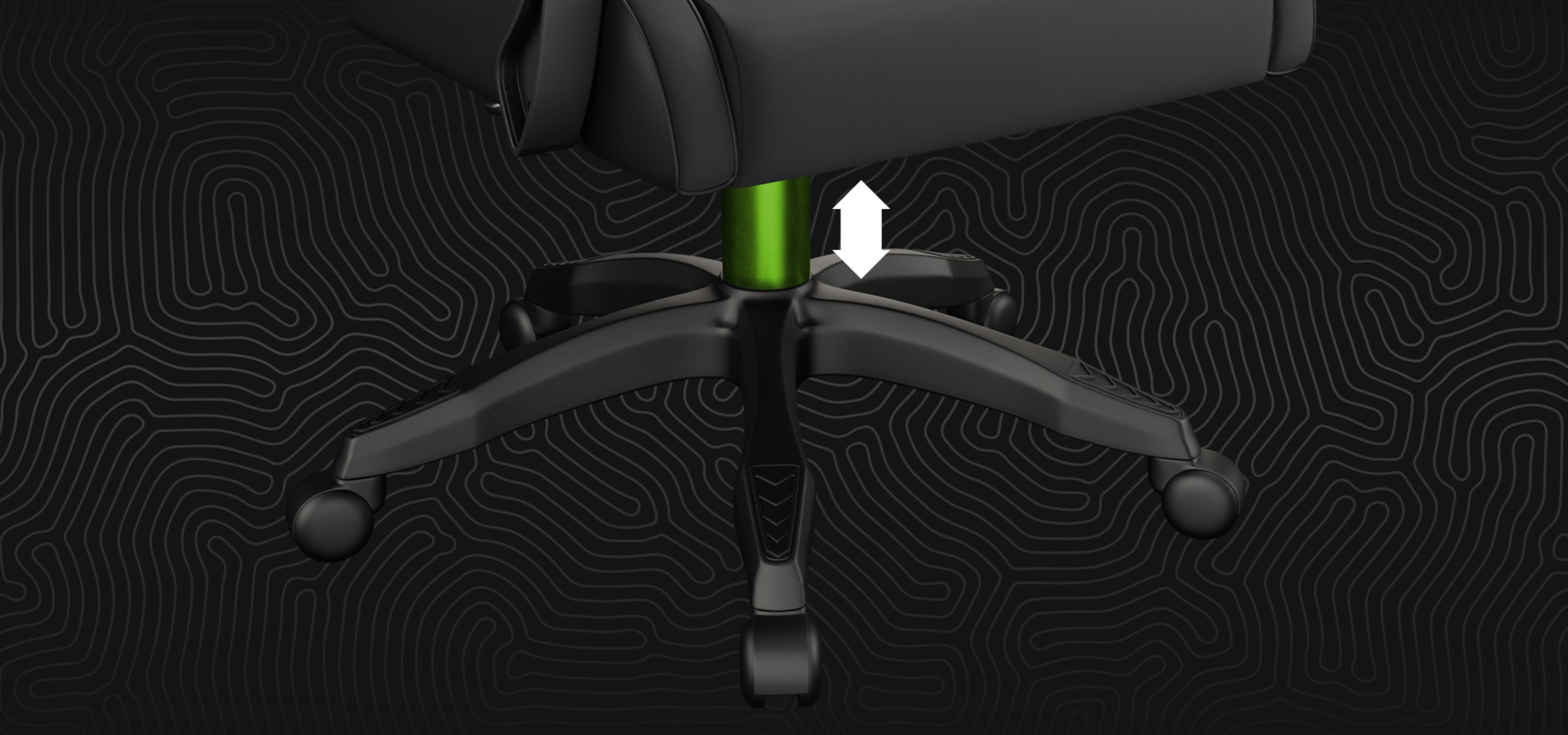 Office chair with a height-adjustable mechanism and a dark patterned background.