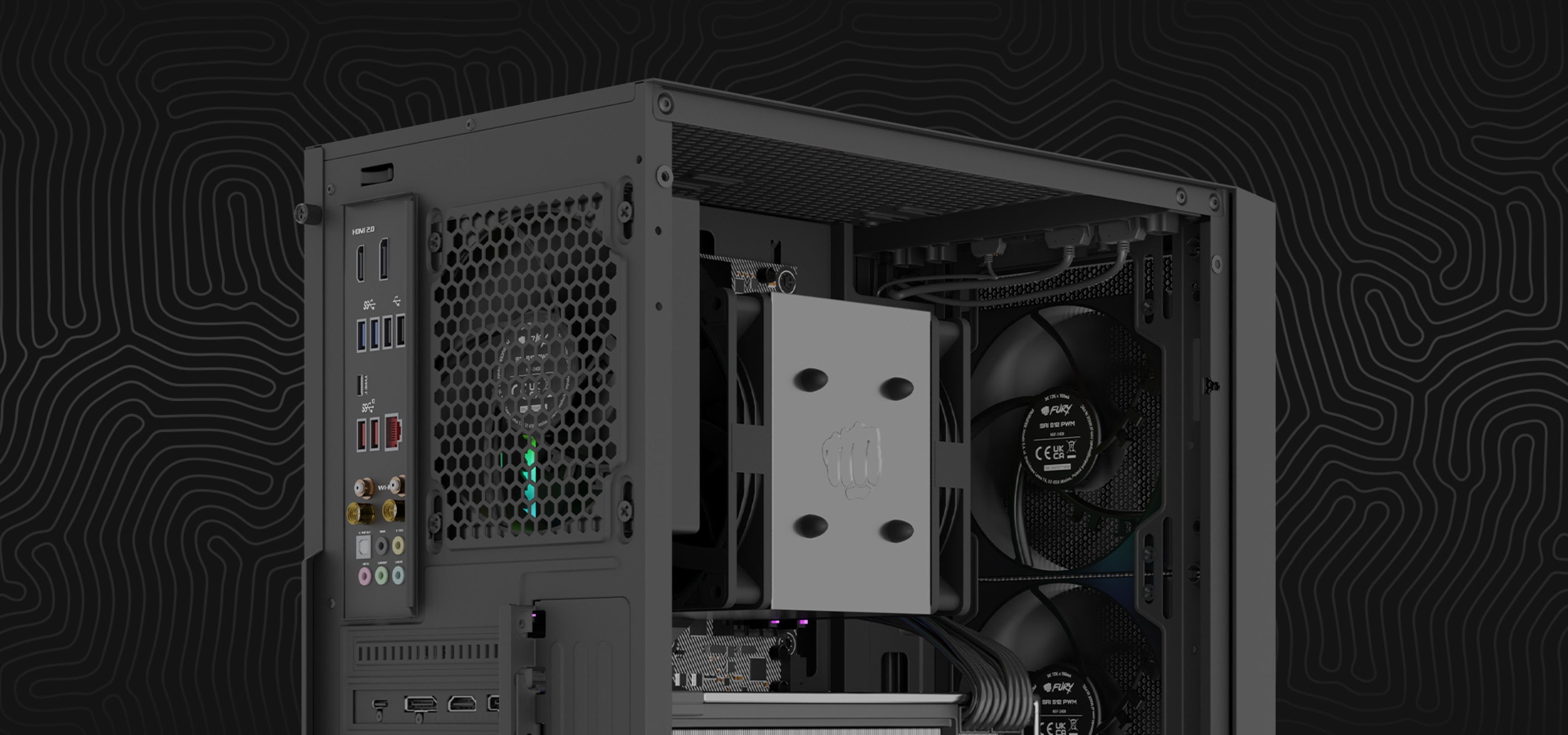 Desktop computer case showing internal components and cooling fans with black background.