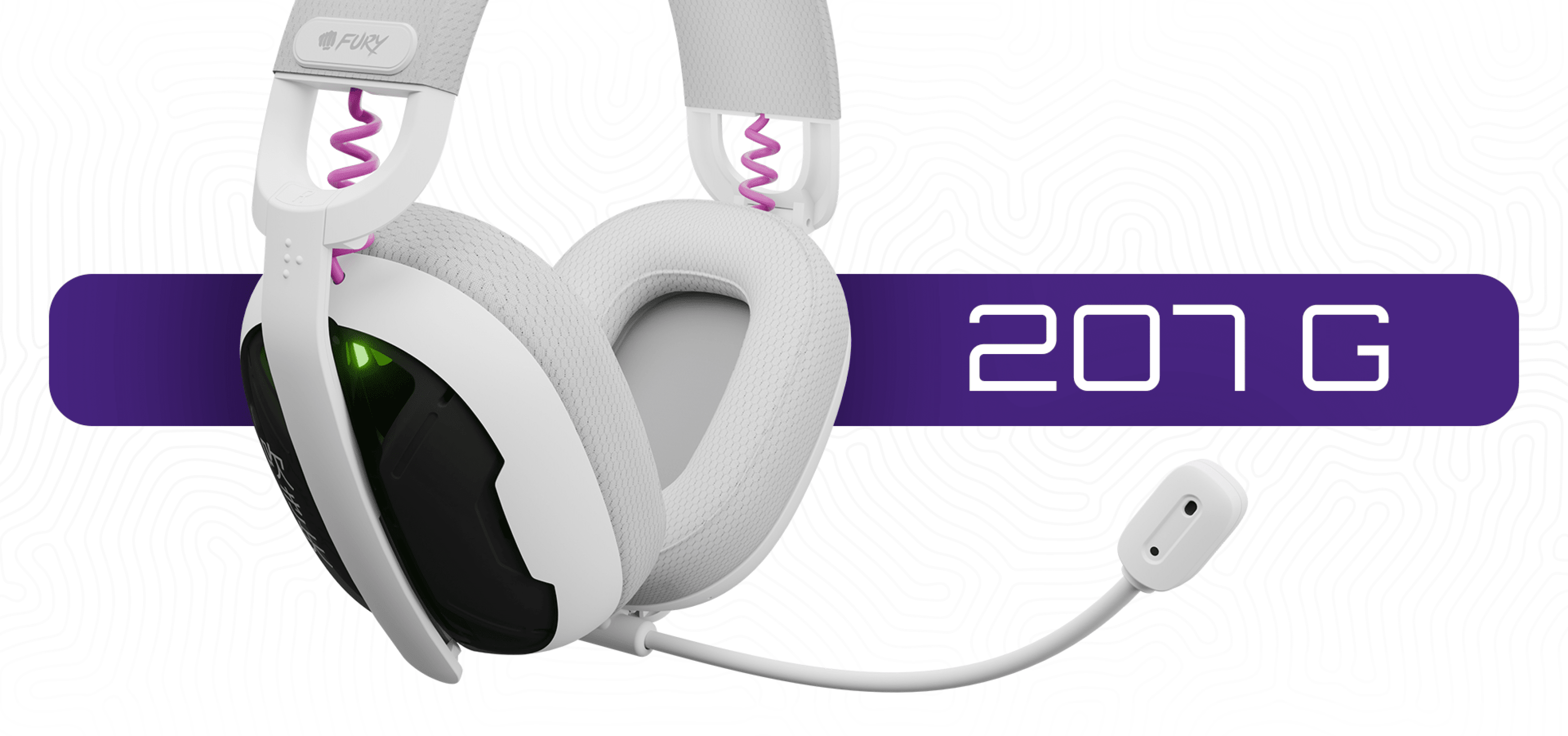White gaming headset with a flexible microphone and glowing green accents.