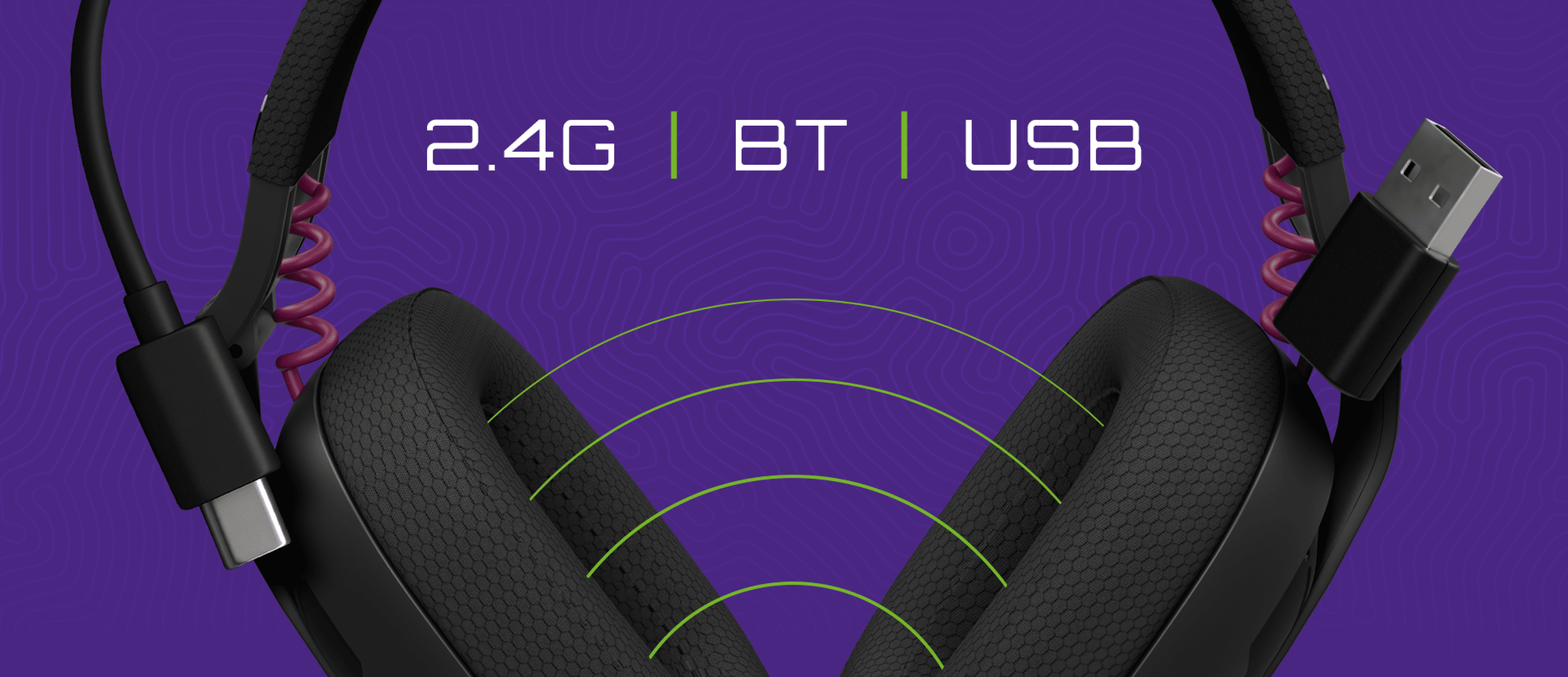 Headphones with a connection cable and a wireless signal icon in a purple background.