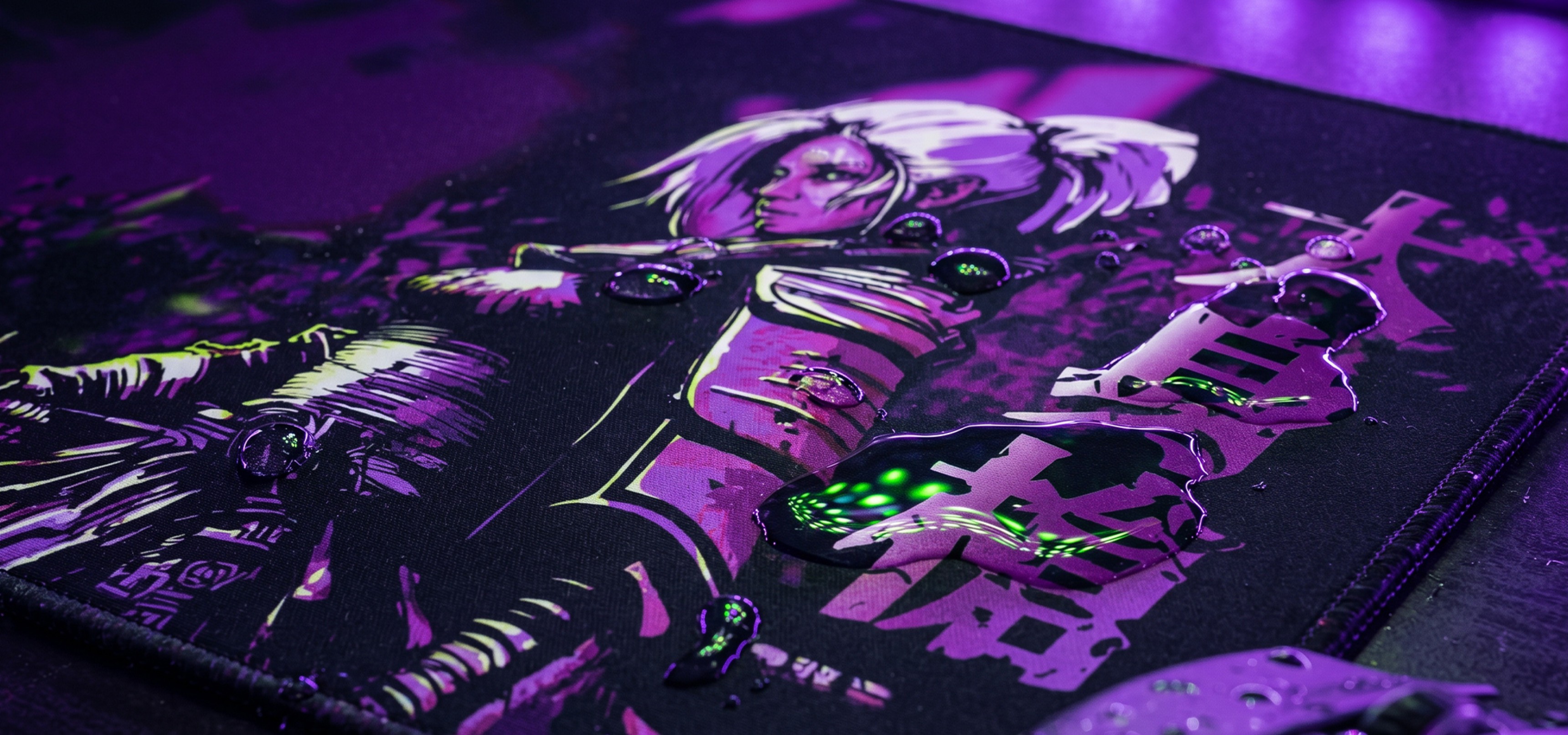 A colorful mouse pad featuring an illustrated character with vibrant detailing and glowing accents.