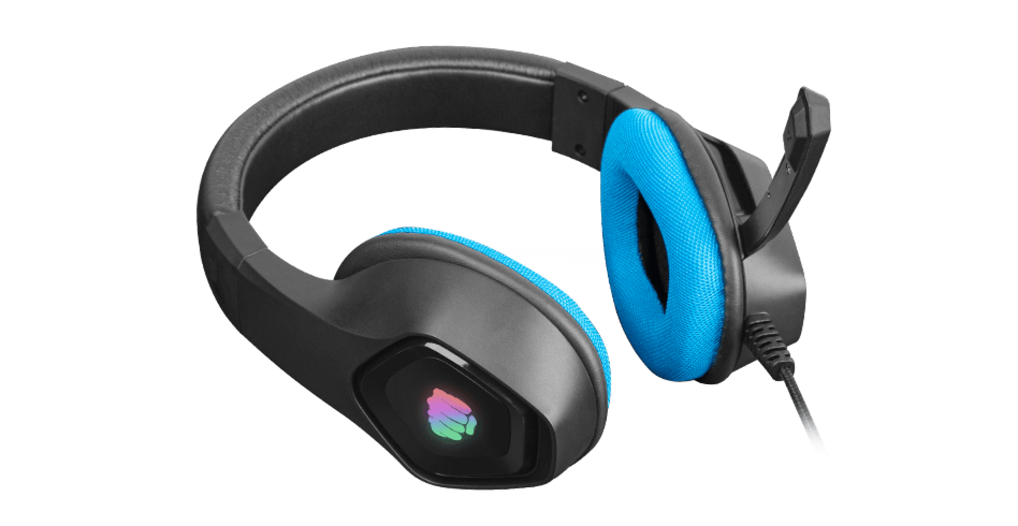 Black and blue over-ear headphones with RGB lighting and a microphone. Thick ear cushions for comfort and style