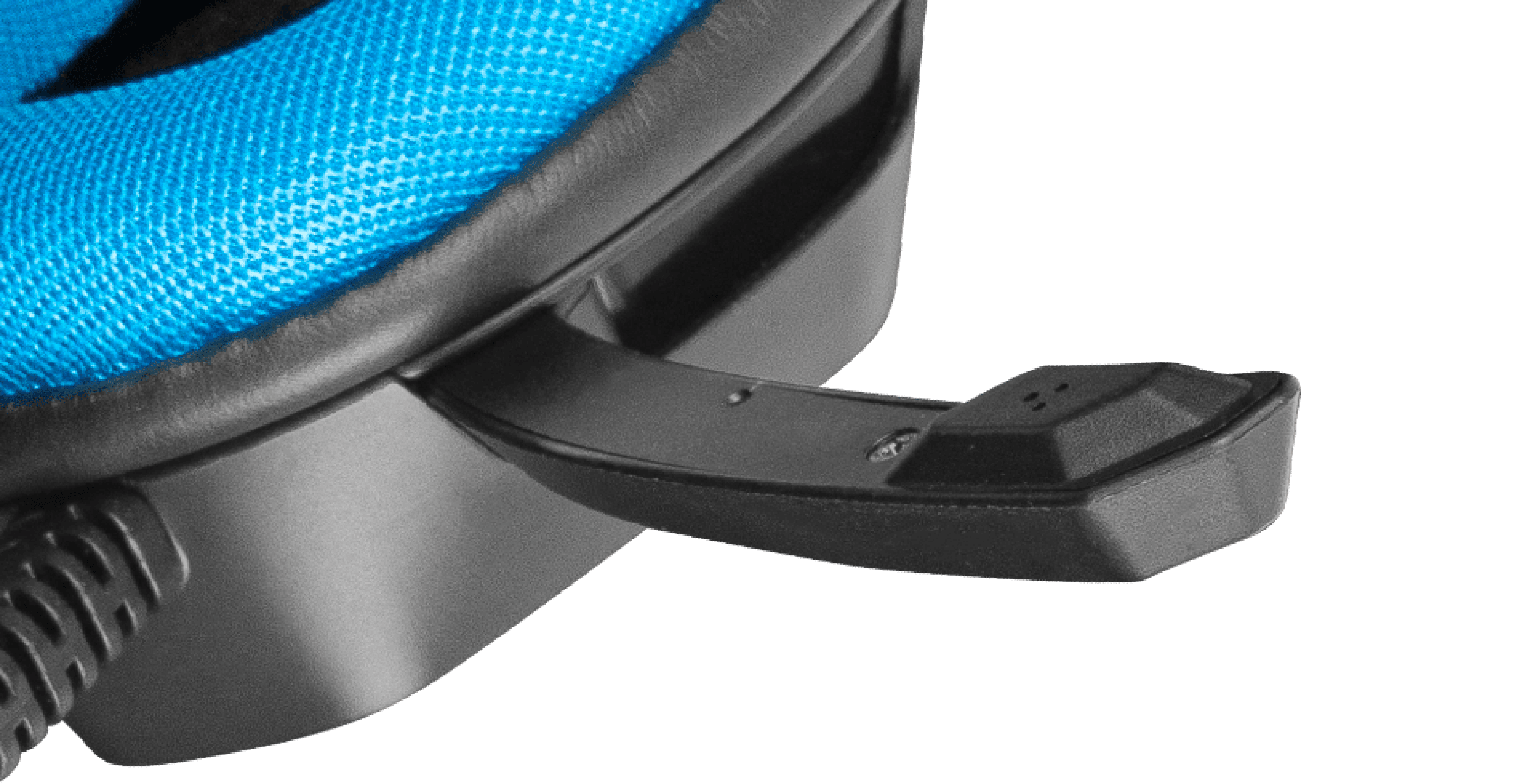Close-up of black and blue FURY Phantom headphones featuring a microphone and RGB lighting
