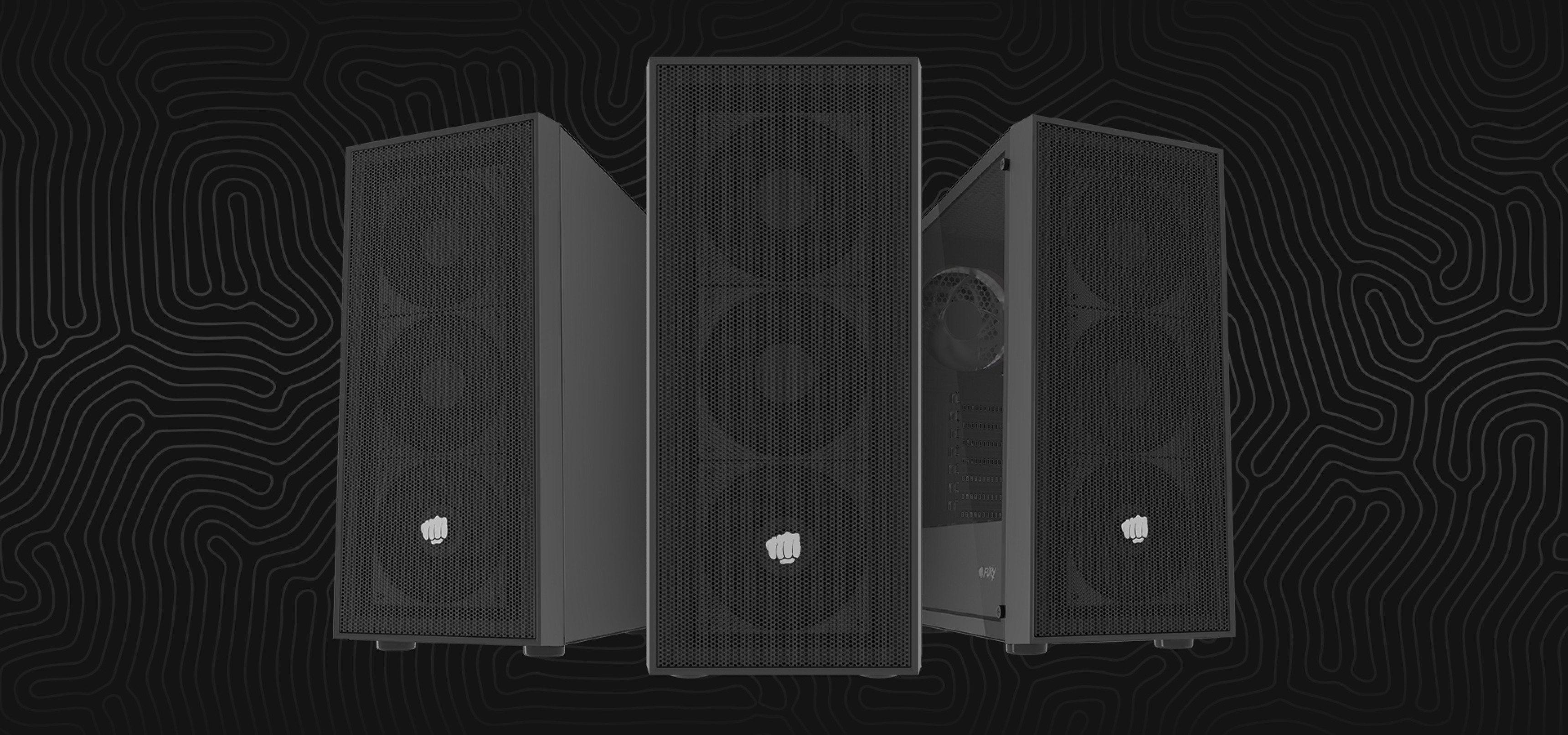 Three speakers arranged with front-facing drivers on a dark textured background.