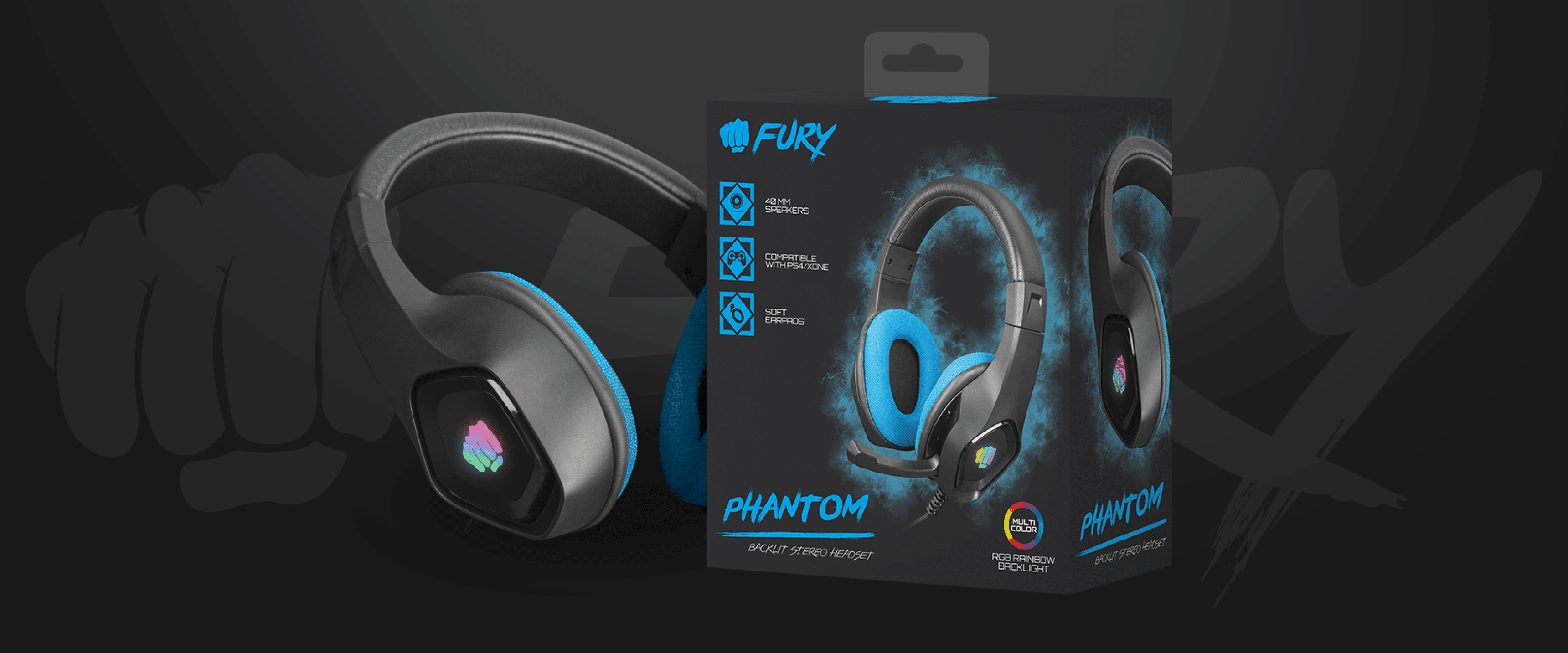 Black and blue over-ear headphones with RGB lighting and a microphone, featuring a packaging box labeled "Phantom."