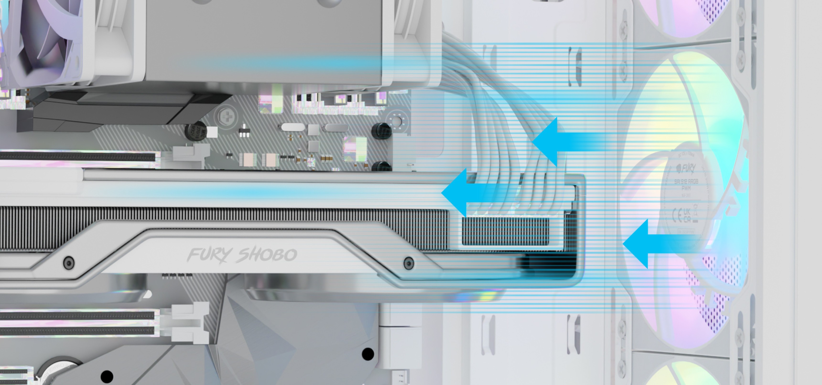 Interior of a computer chassis showing air flow and colored lighting effects.