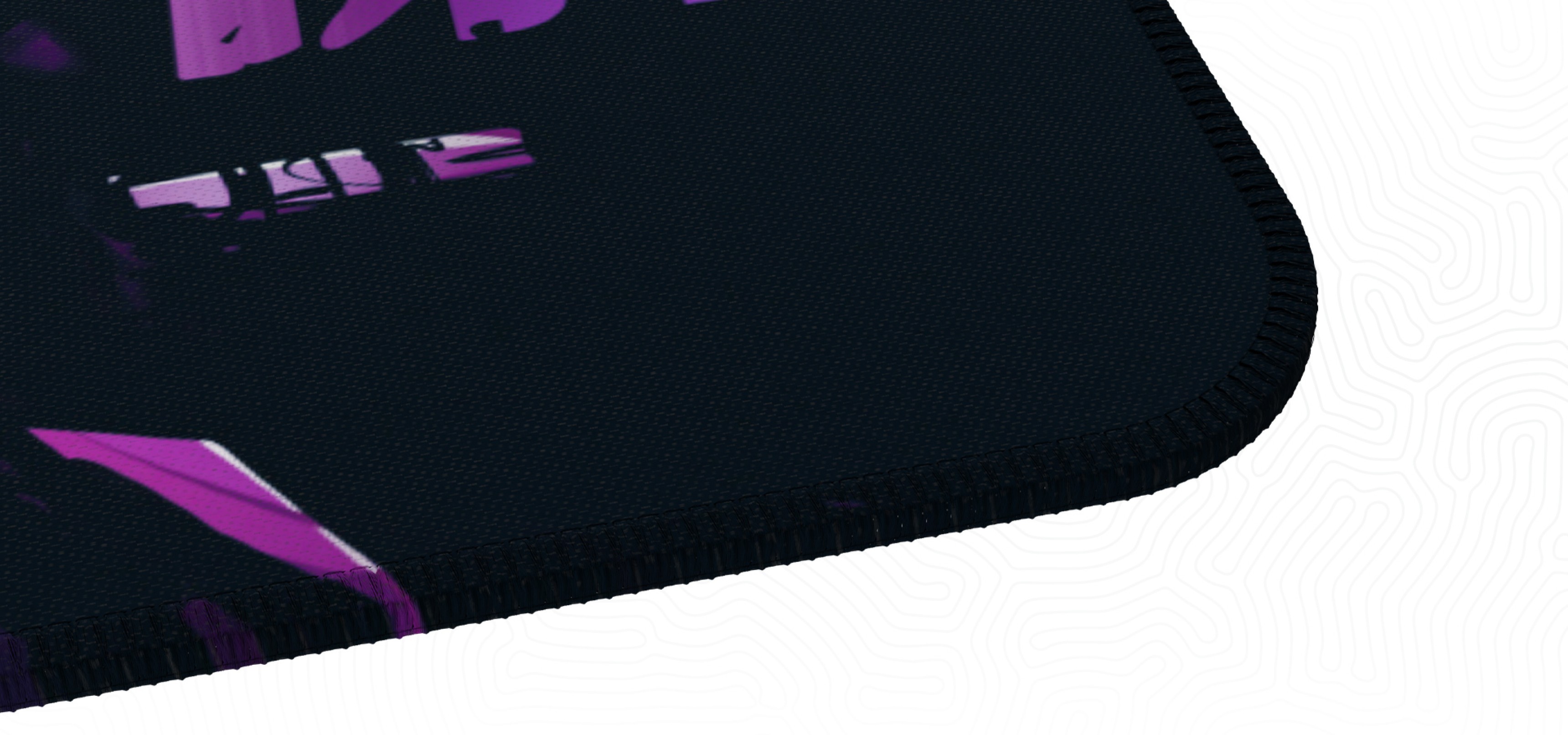 A gaming mousepad featuring a dark design with vivid purple accents and stitched edges.