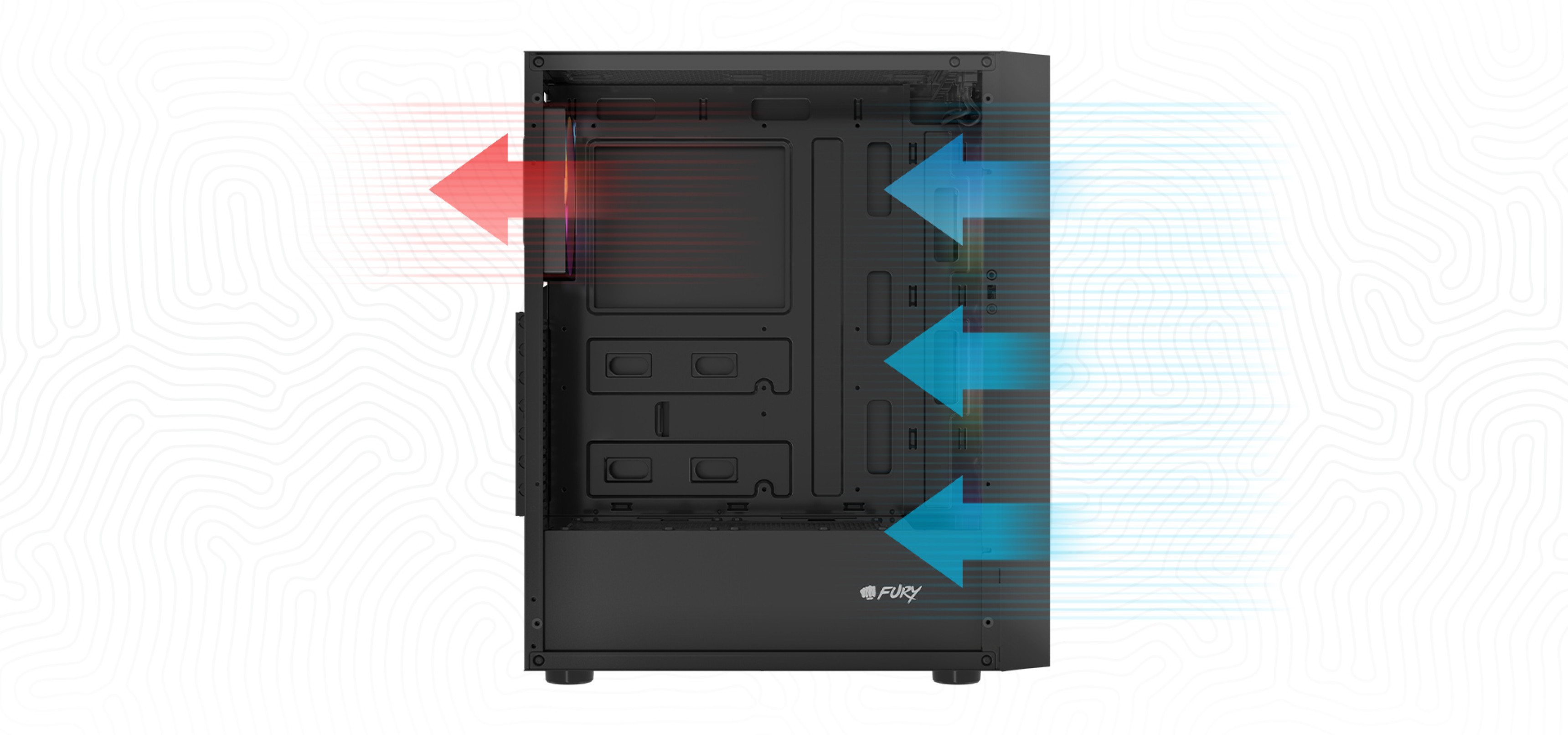 Black computer case with airflow direction indicators in red and blue.