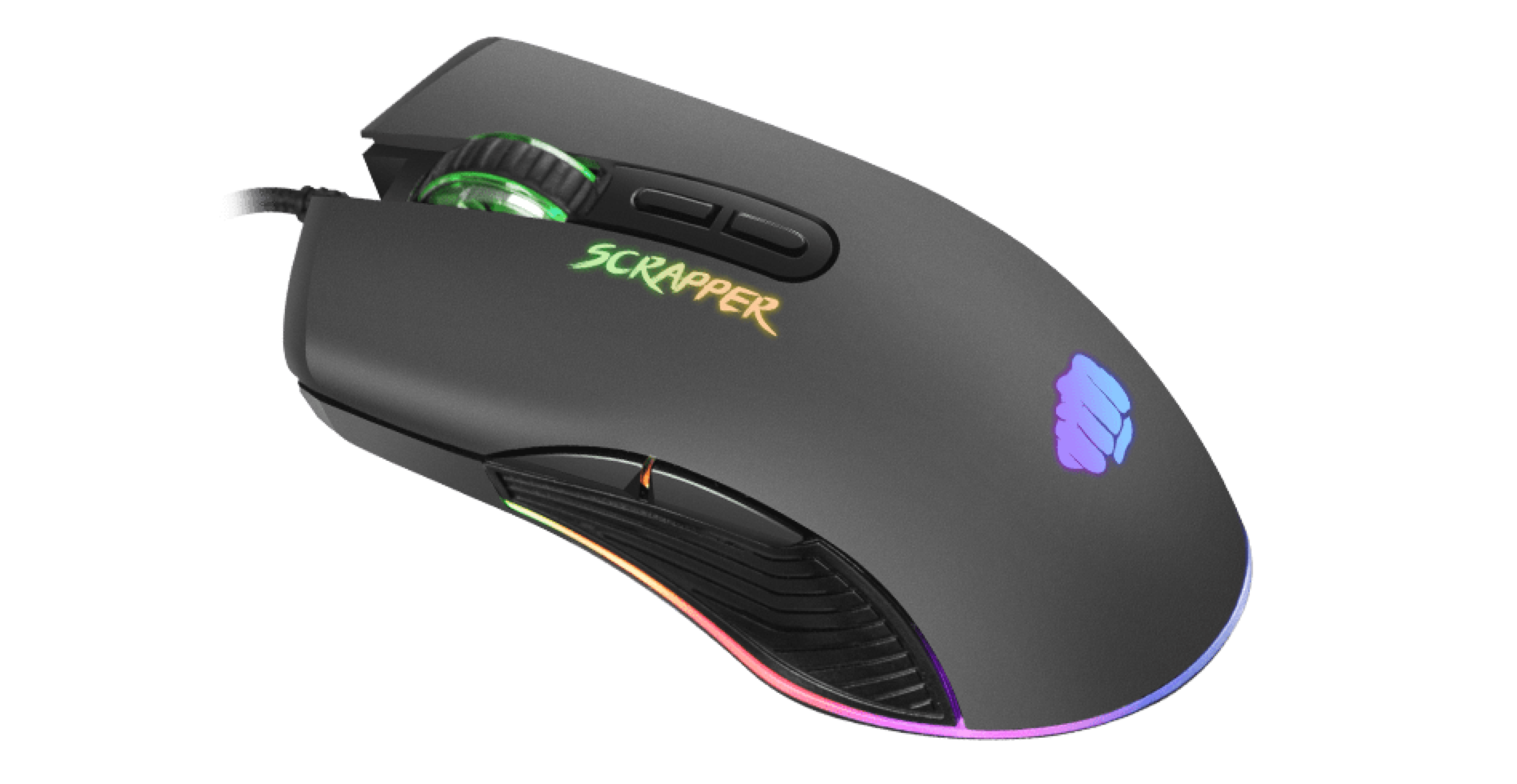 Black gaming mouse with RGB lighting and 6400 DPI, featuring the "SCRAPPER" logo and multiple programmable buttons