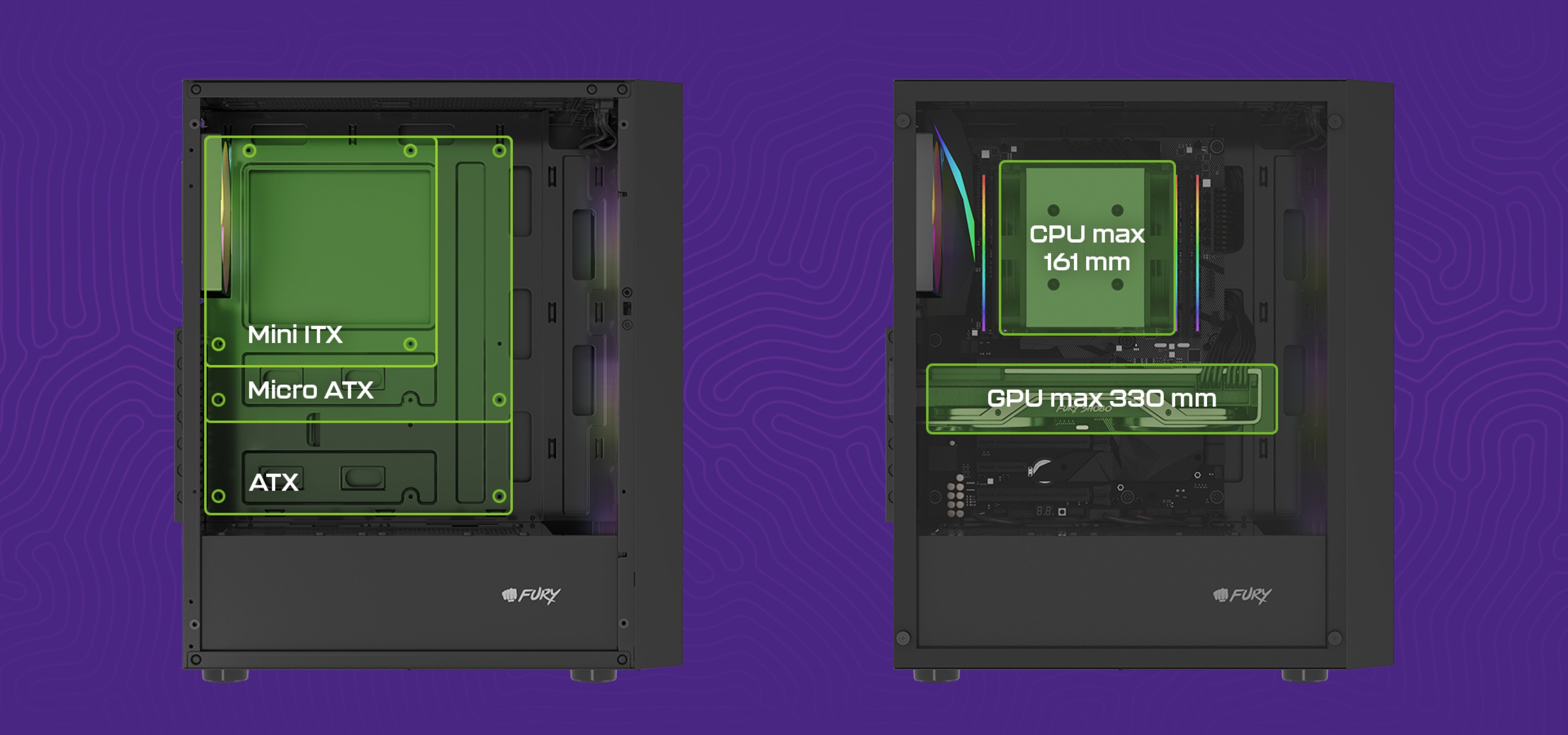 Desktop computer case showing various motherboard sizes and component specifications.