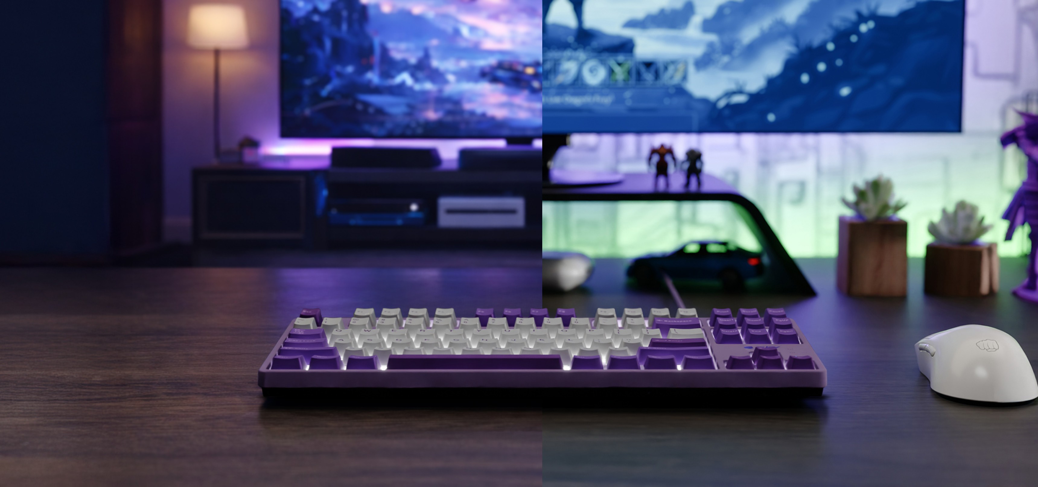 A purple keyboard and a white mouse on a wooden table with two screens in the background.