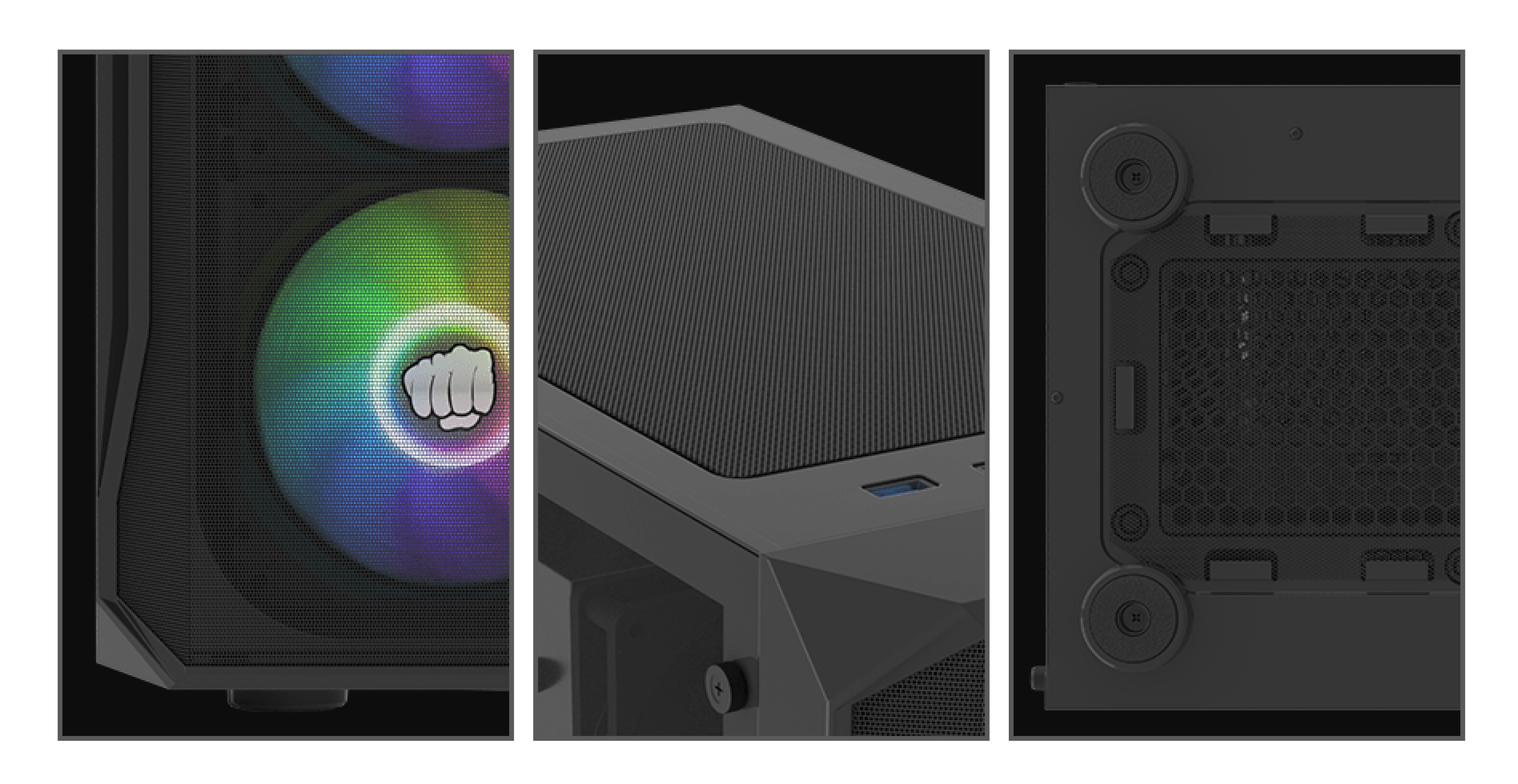 Black RGB midi tower case with a window, featuring colorful fan lights and a textured top panel