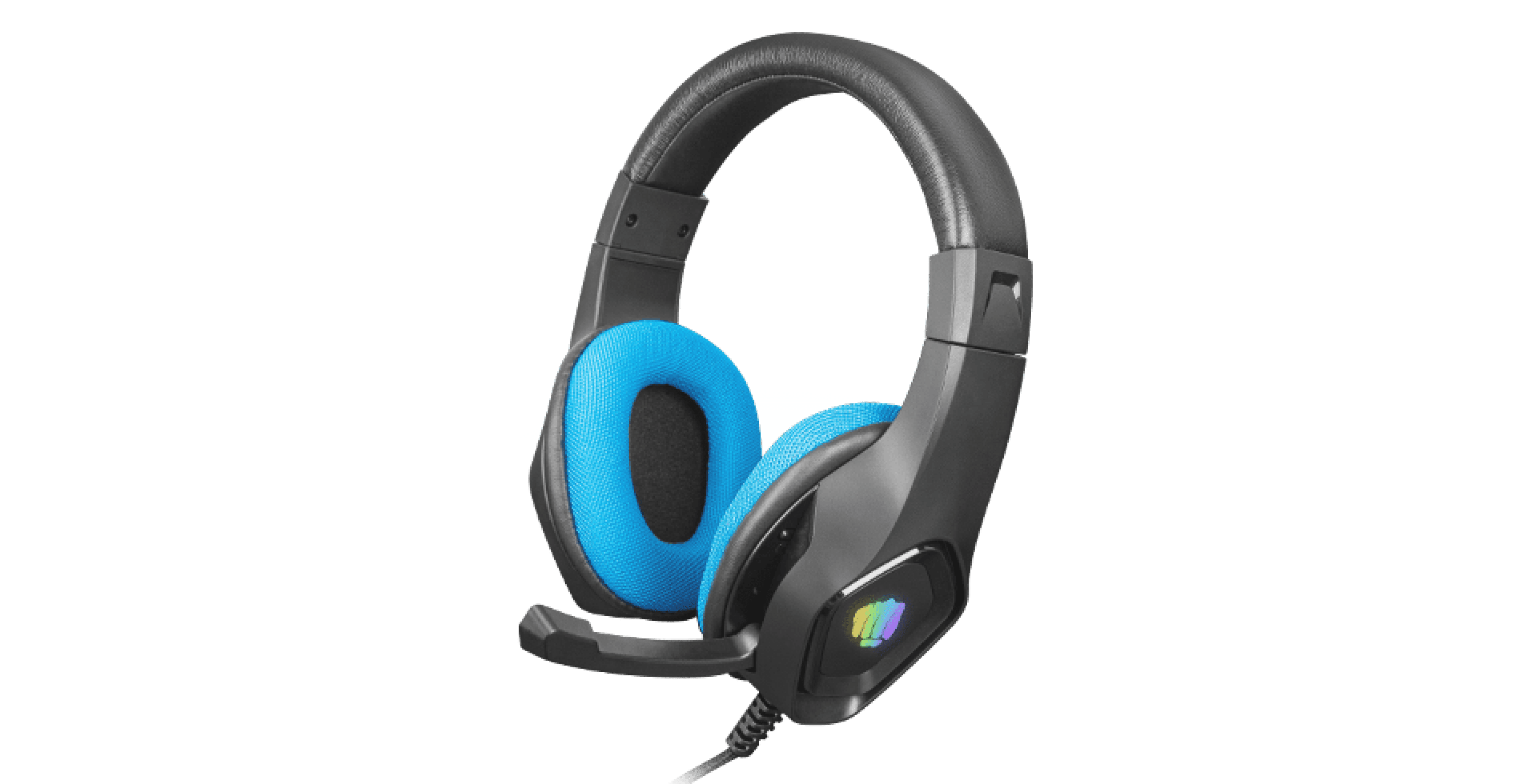 Black and blue over-ear gaming headphones with RGB lighting and a microphone, featuring padded ear cups for comfort