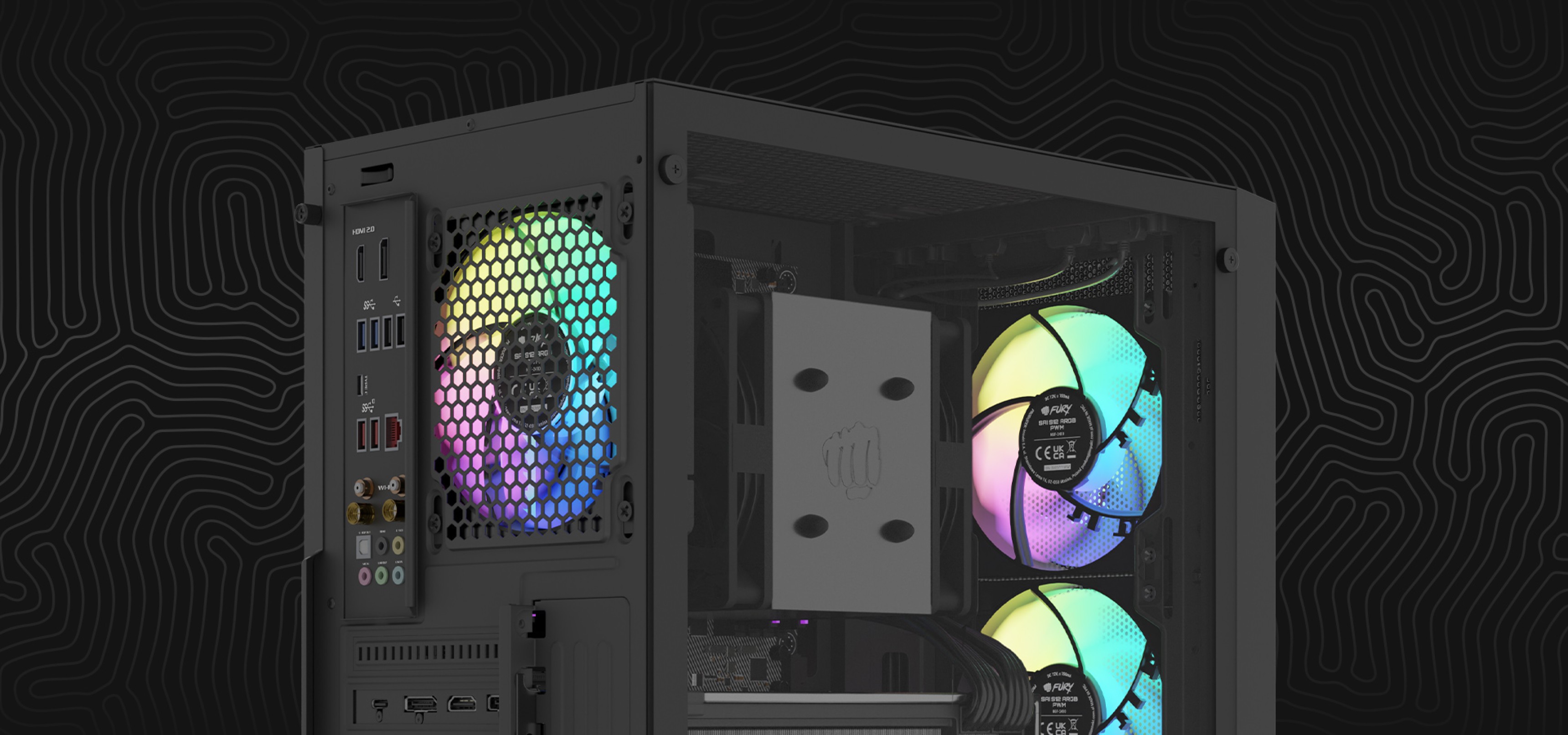 Desktop computer case with colorful cooling fans and various connection ports on the back.
