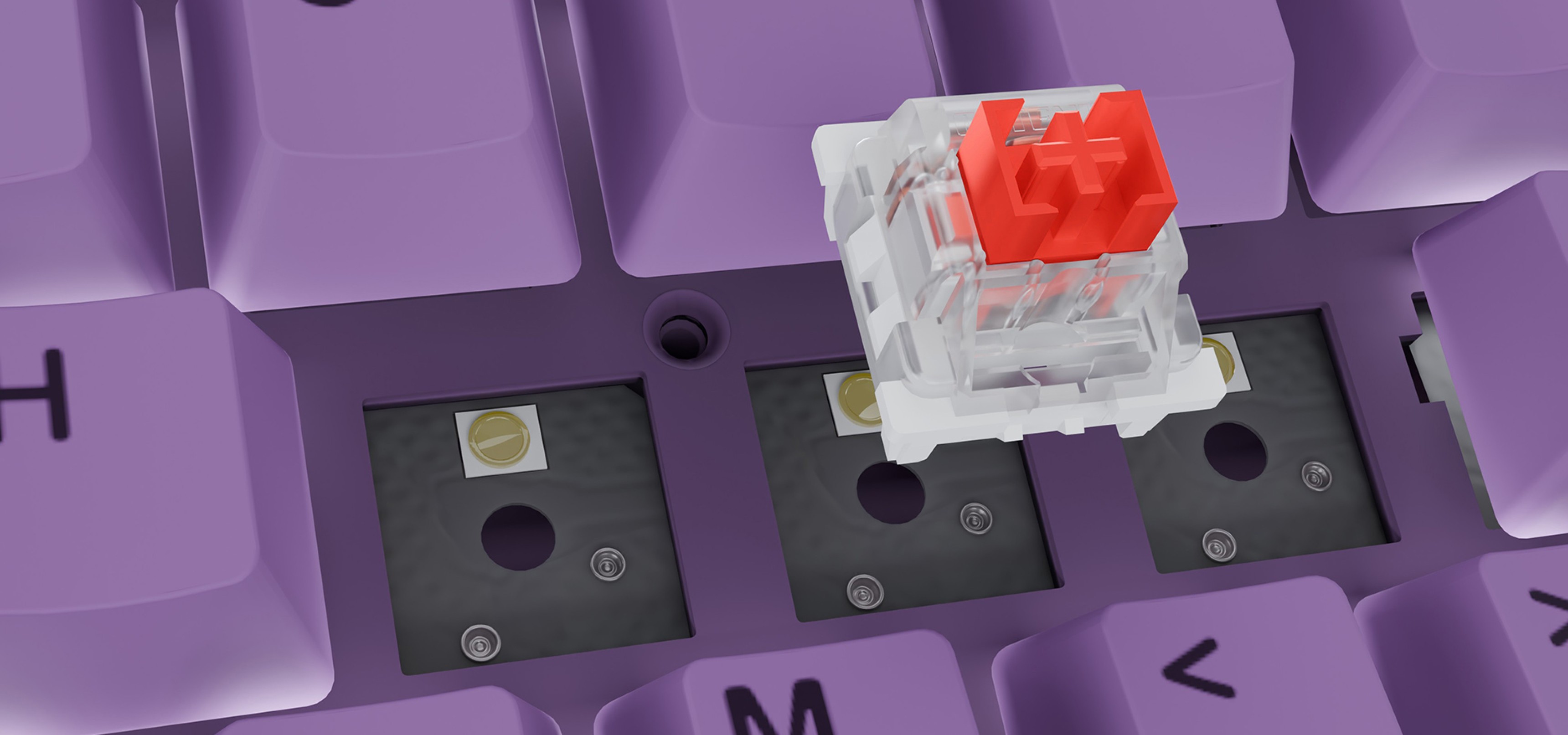 A mechanical keyboard switch in red color placed above a purple keycap area.