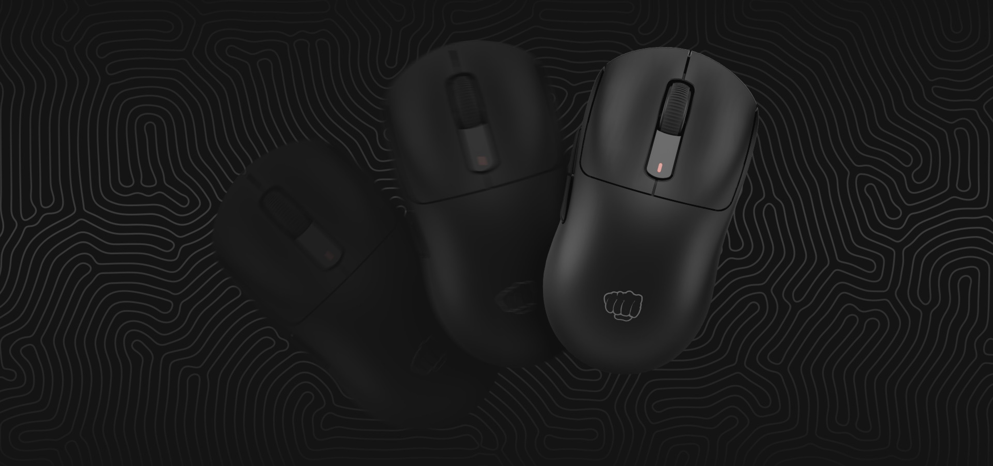 Black wireless gaming mouse positioned against a textured black background, featuring sleek design and adjustable DPI settings