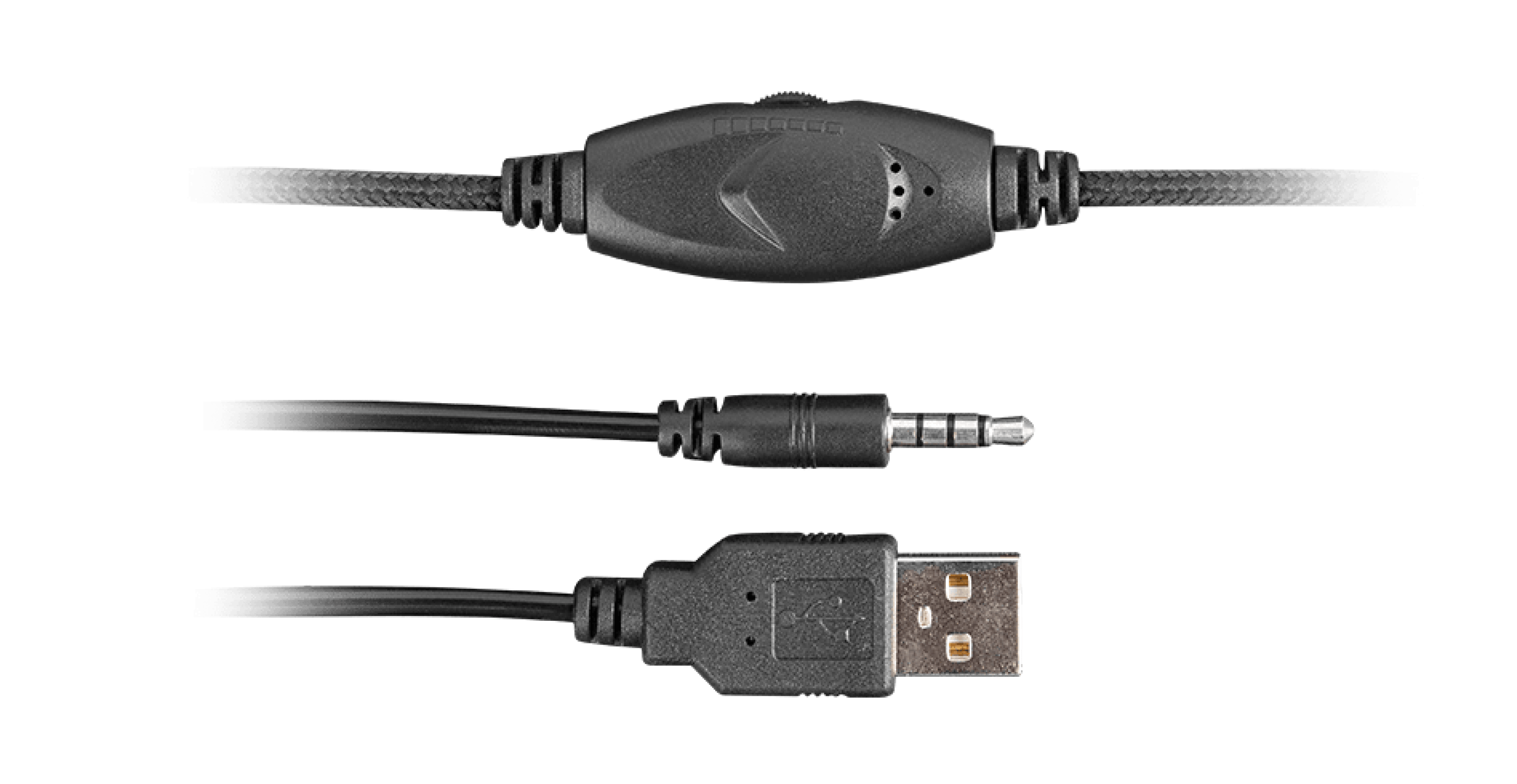 Black and blue gaming headset cables with a USB connector and a 3.5mm audio jack, featuring a volume control unit