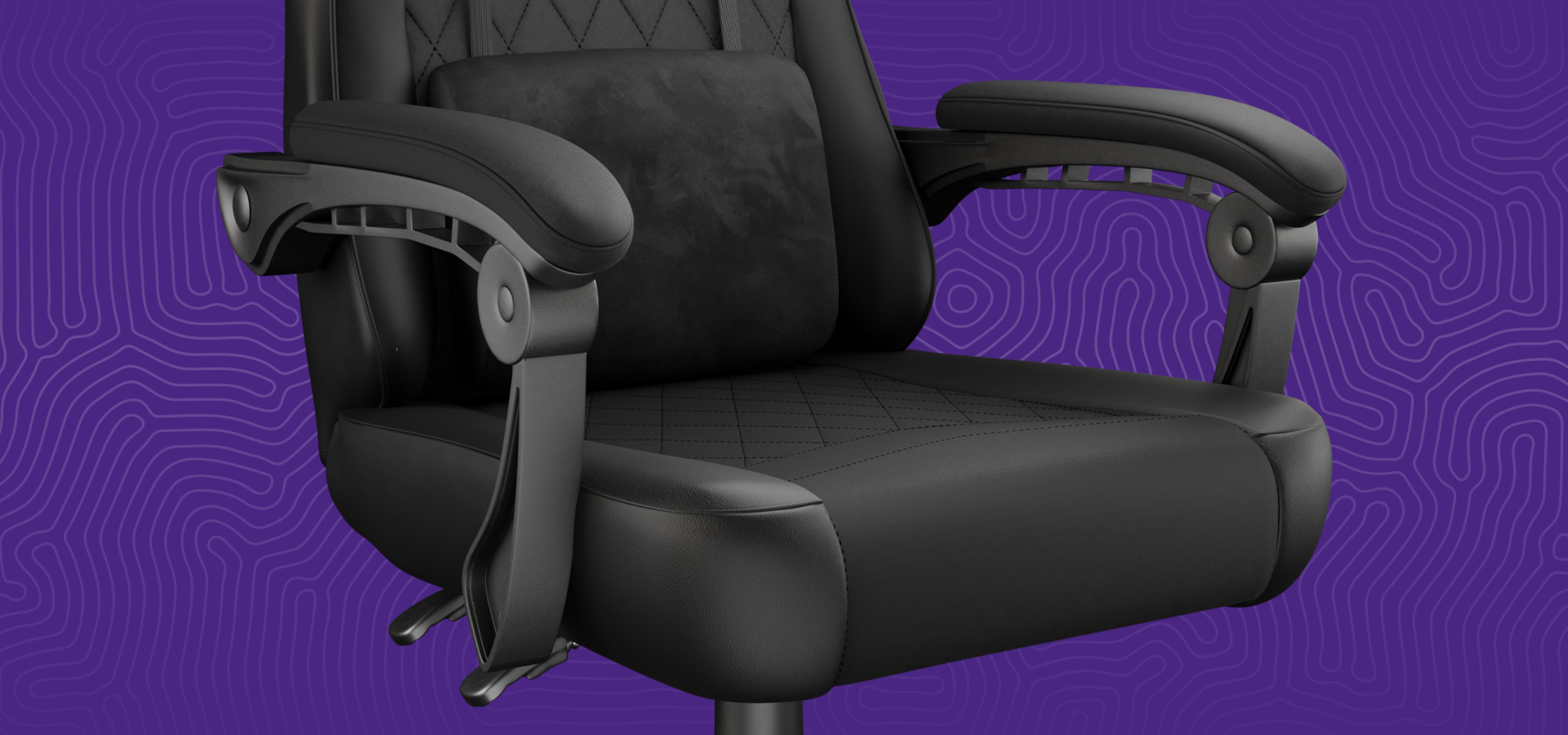 Black gaming chair with padded seat and adjustable armrests on a purple background