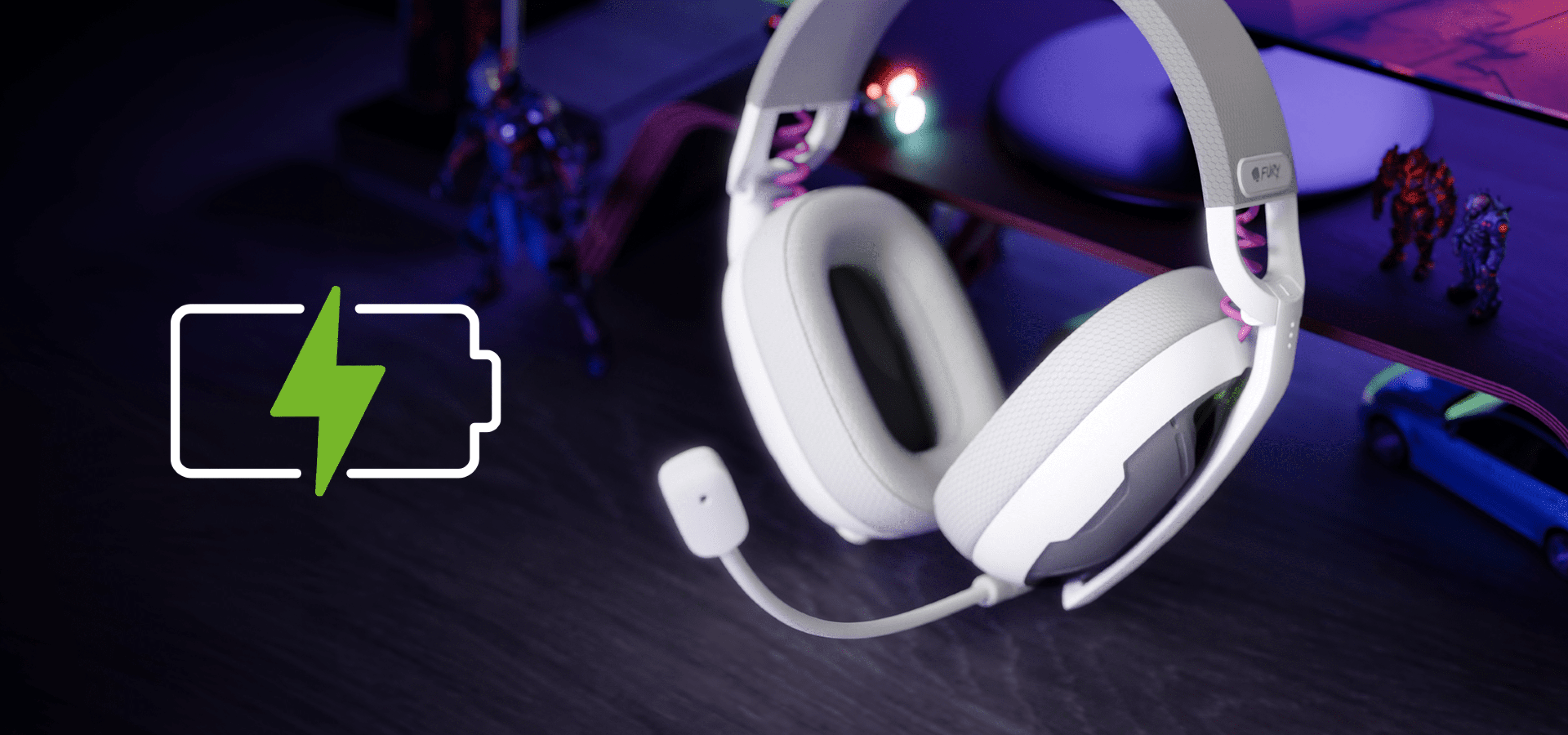 White gaming headset with a flexible microphone and charging indicator next to it.