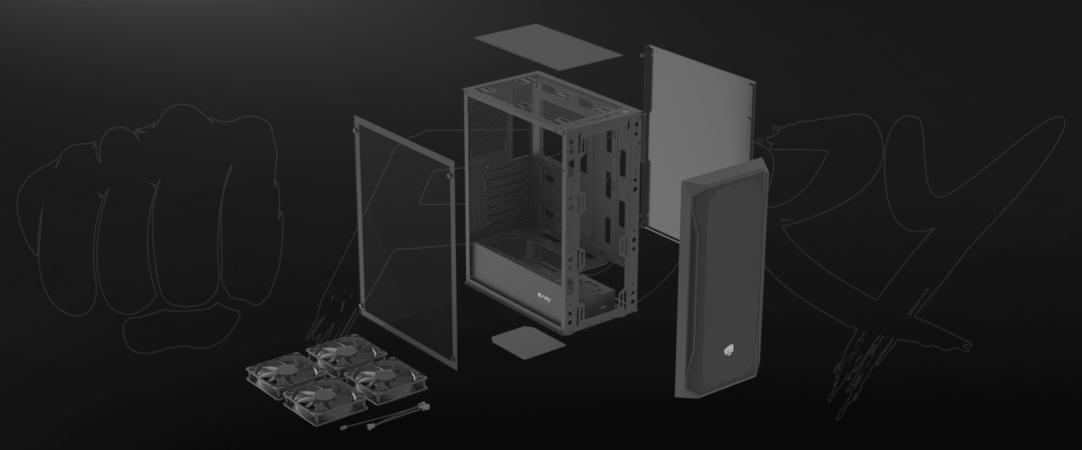 Black MIDI tower PC case, Fury SH4F, featuring a transparent side panel and various components displayed around it