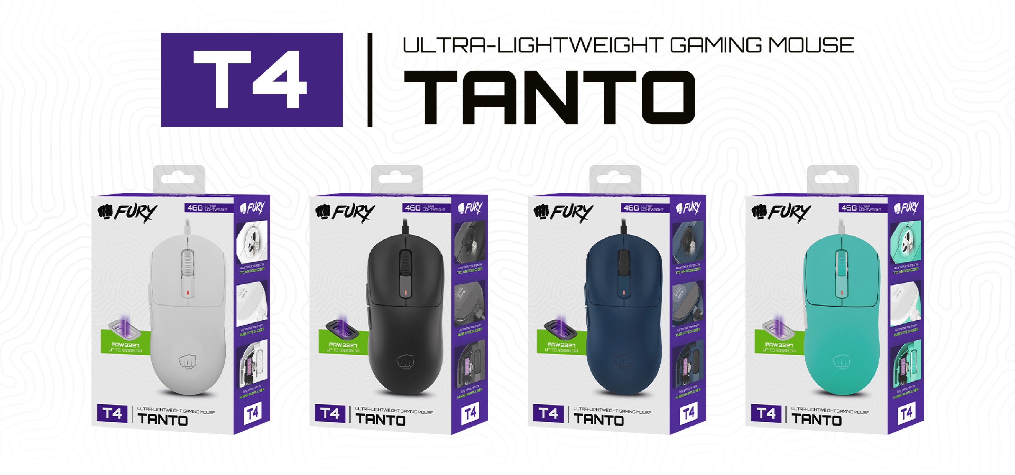 Four packaging designs for the Fury Tanto T4 gaming mouse, showcasing various colors: white, black, navy, and teal