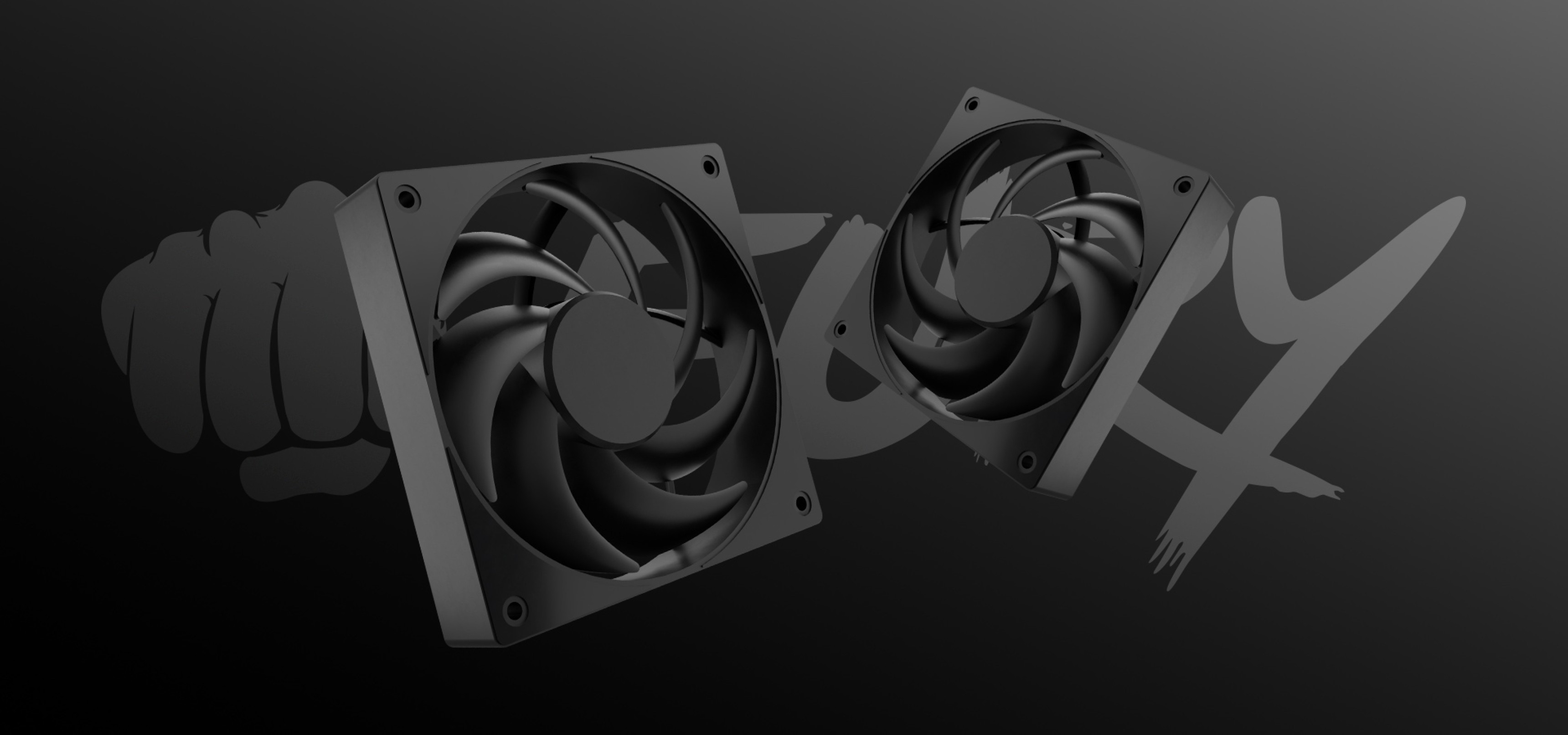 Two black cooling fans with spiral blades on a dark background.