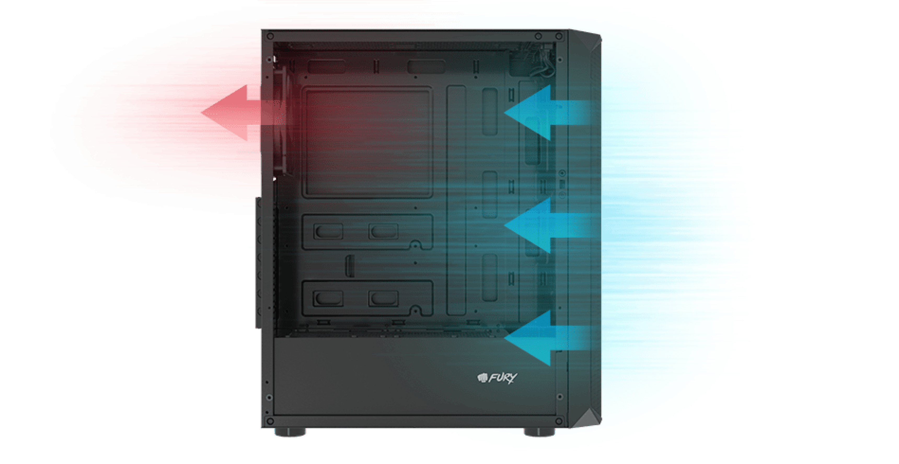 Black MIDI tower case with a transparent side panel, showcasing airflow design with red and blue arrows indicating air movement