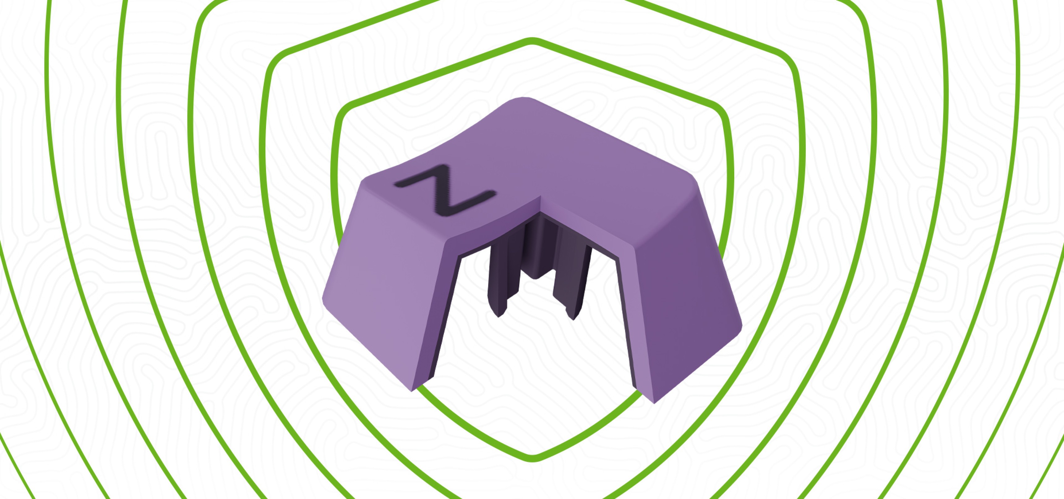 A purple keyboard keycap with a character on top against a wavy background.