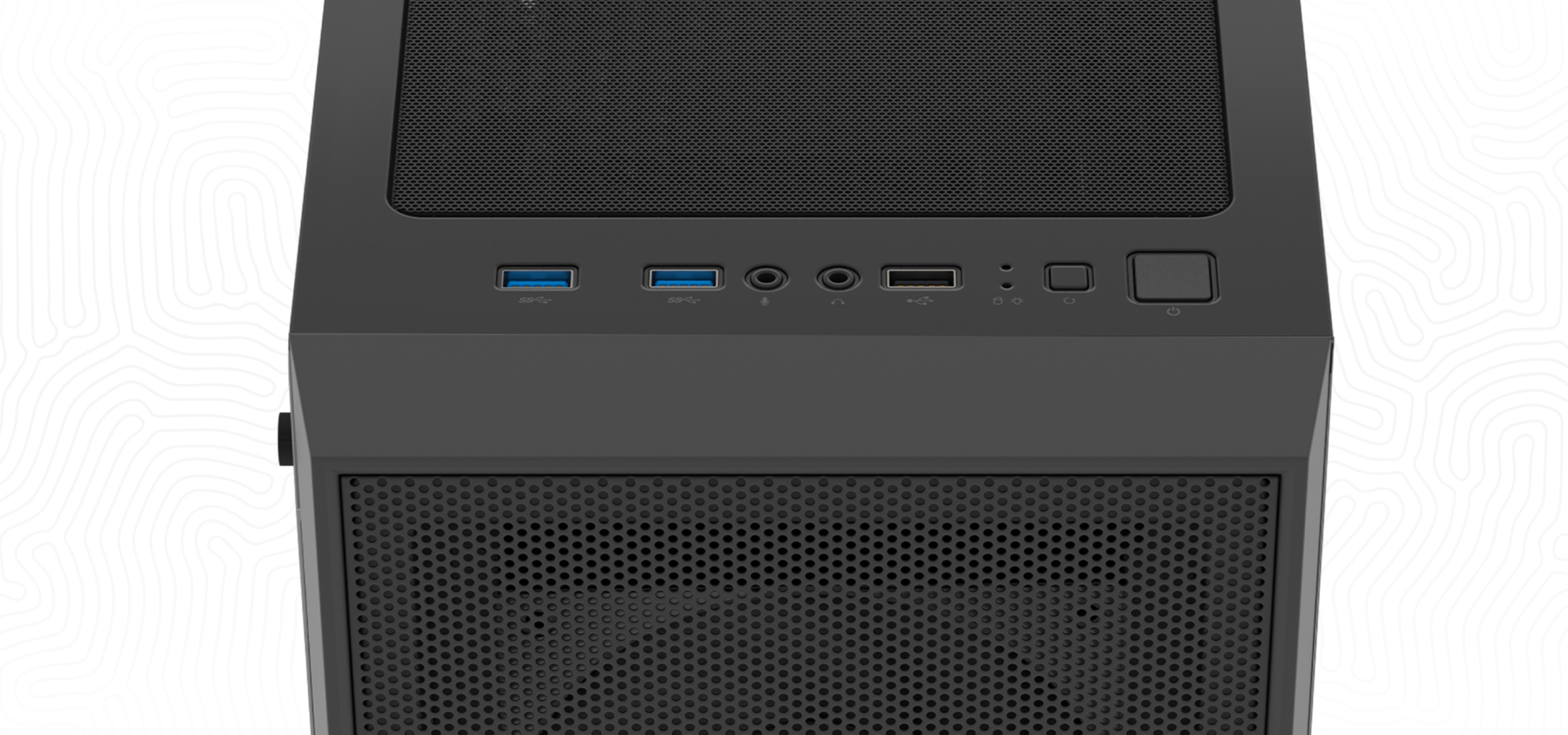 Compact computer case with multiple ports and a mesh ventilation panel on the top.