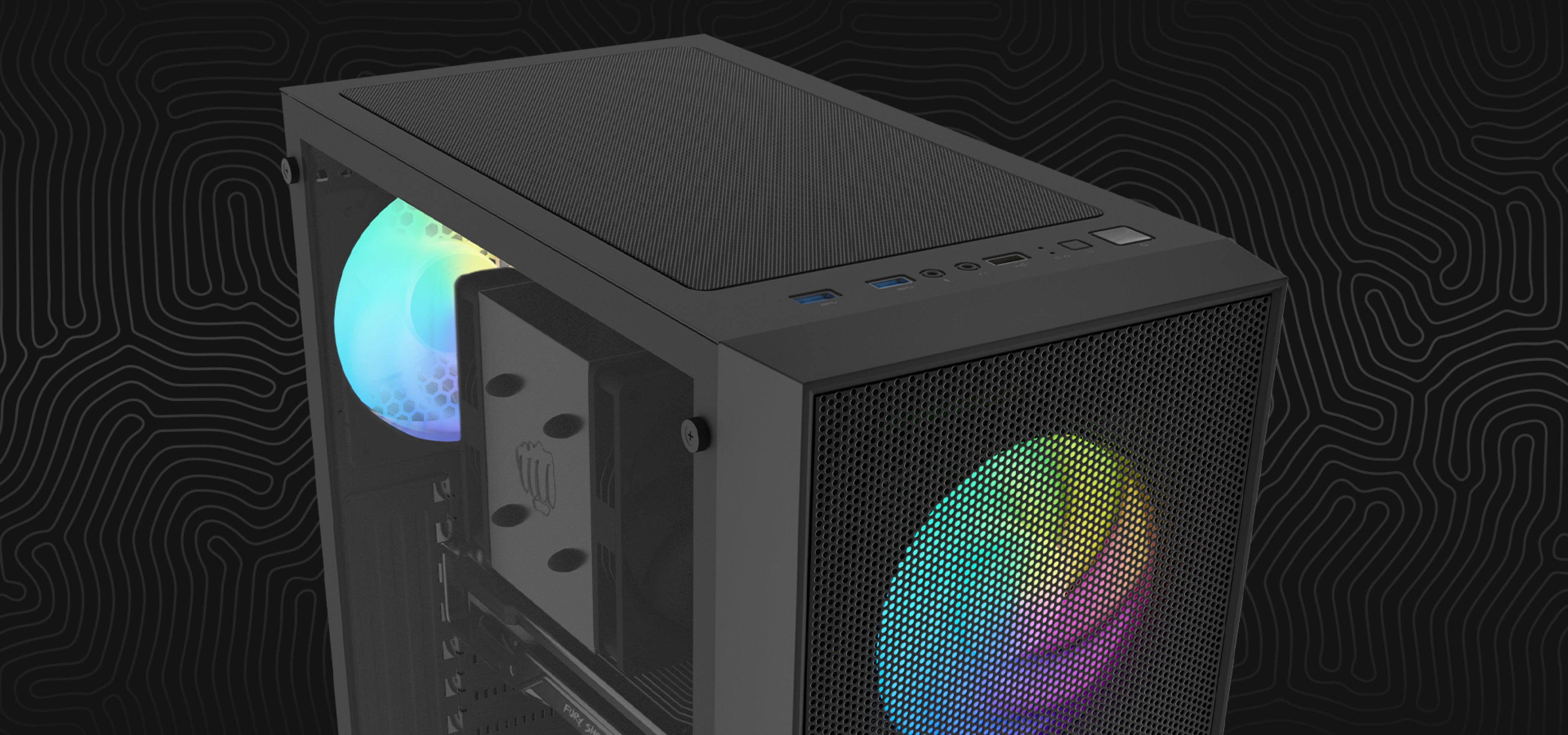 Computer case with a mesh design and two glowing fans in various colors.