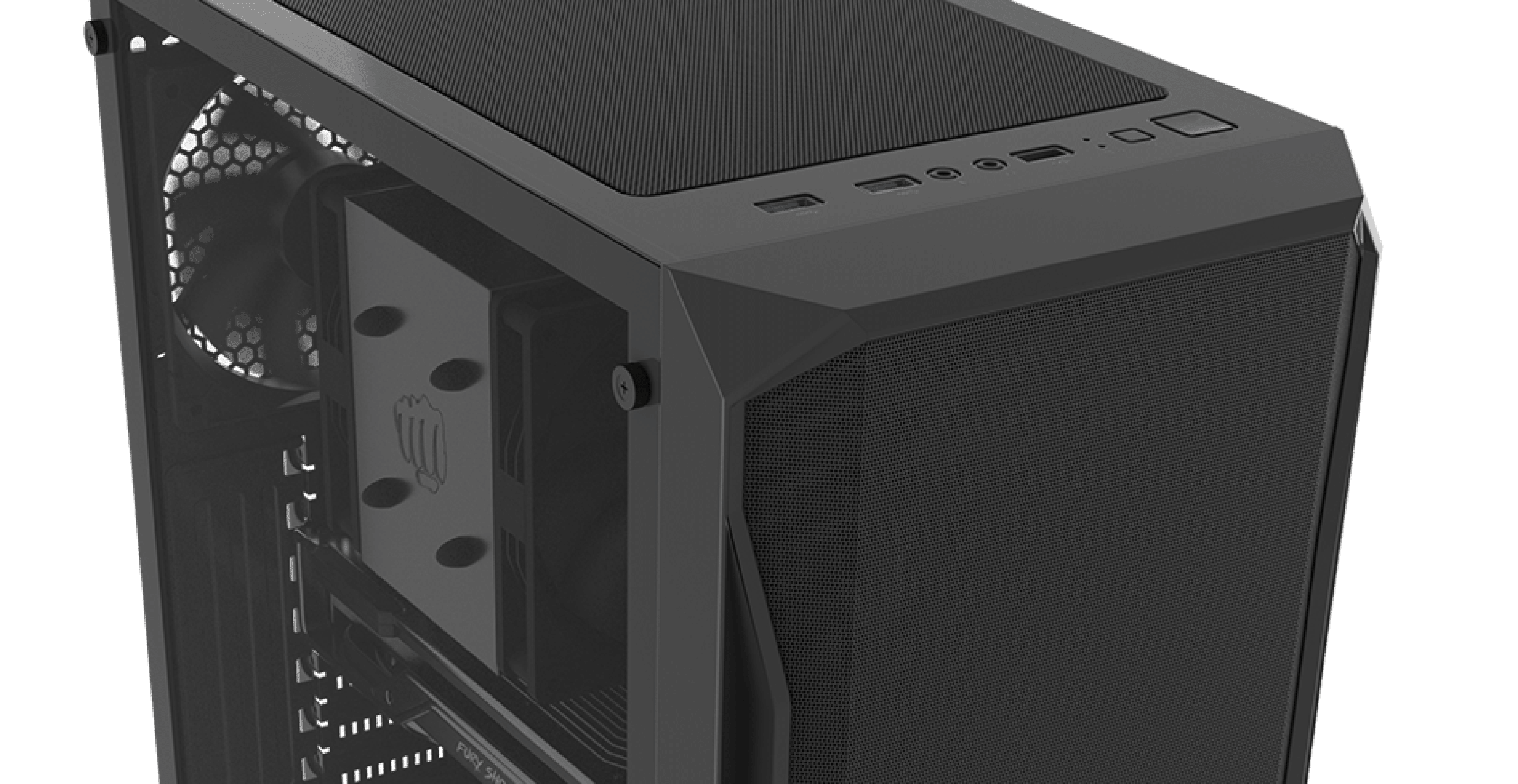 Black MIDI tower computer case with a transparent side panel and top-mounted I/O ports. Designed for airflow and visibility