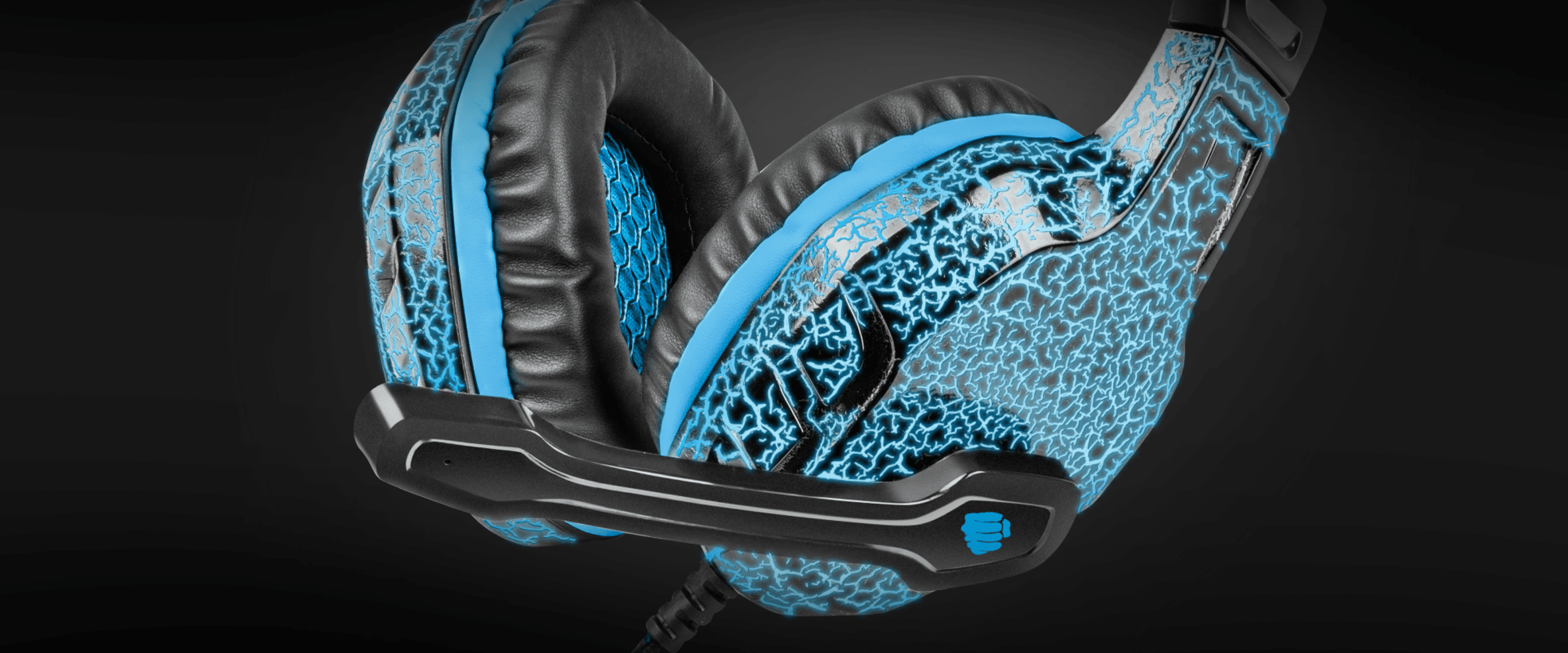 Black and blue gaming headphones with a microphone and illuminated accents, featuring a textured design on the ear cups
