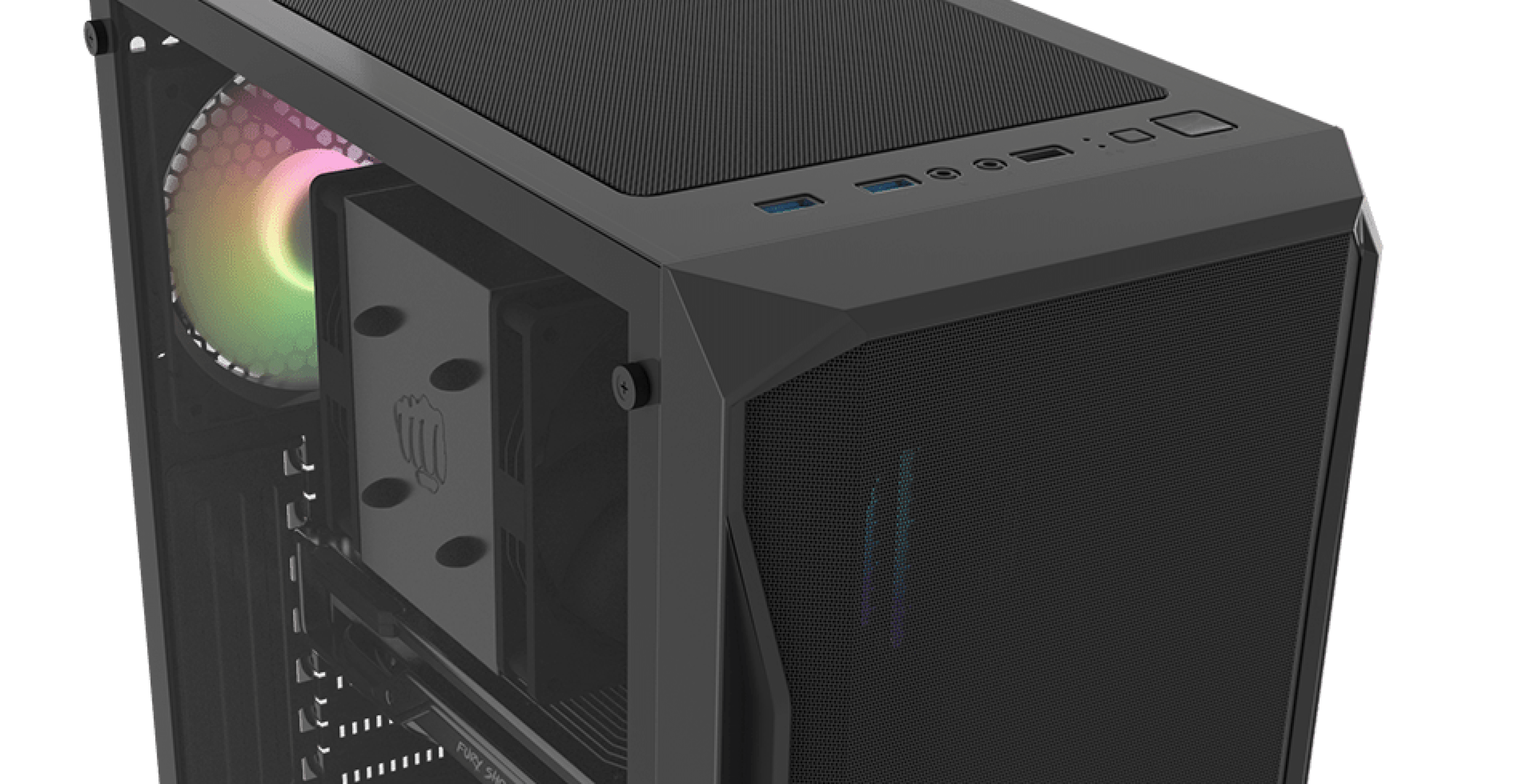 Black RGB MIDI tower PC case with a transparent window and top ventilation, showcasing internal components