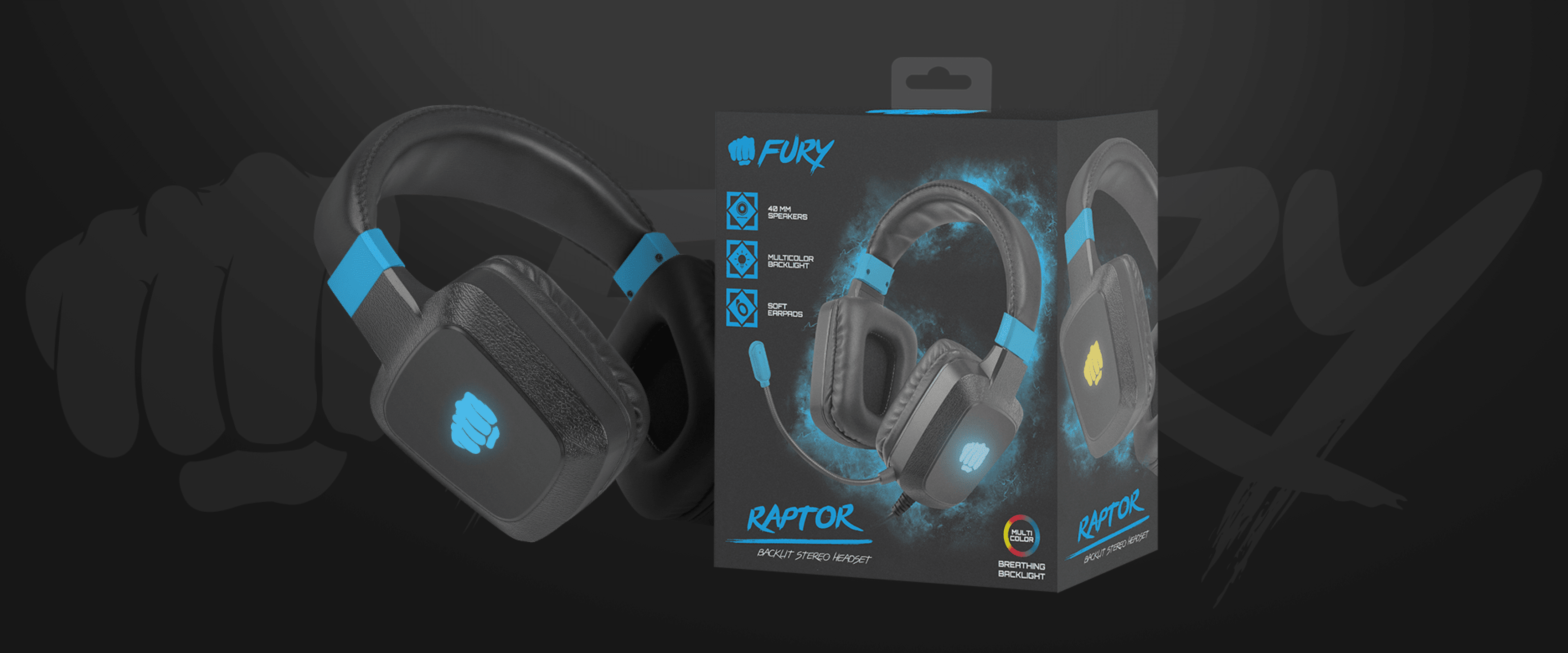 Black and blue FURY Raptor over-ear headphones with a microphone, featuring RGB lighting, displayed alongside its packaging