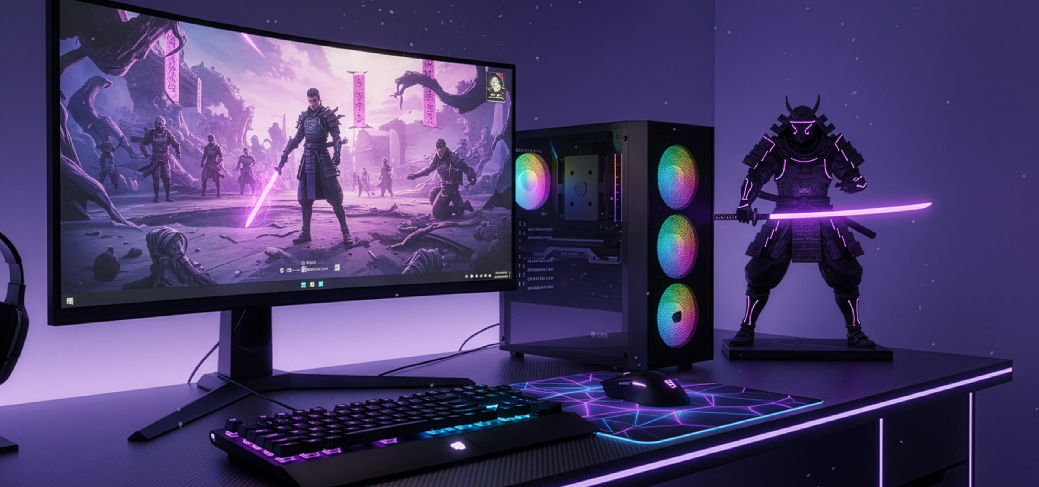 Gaming setup with a large monitor, glowing keyboard, and a detailed figurine in dark ambiance.