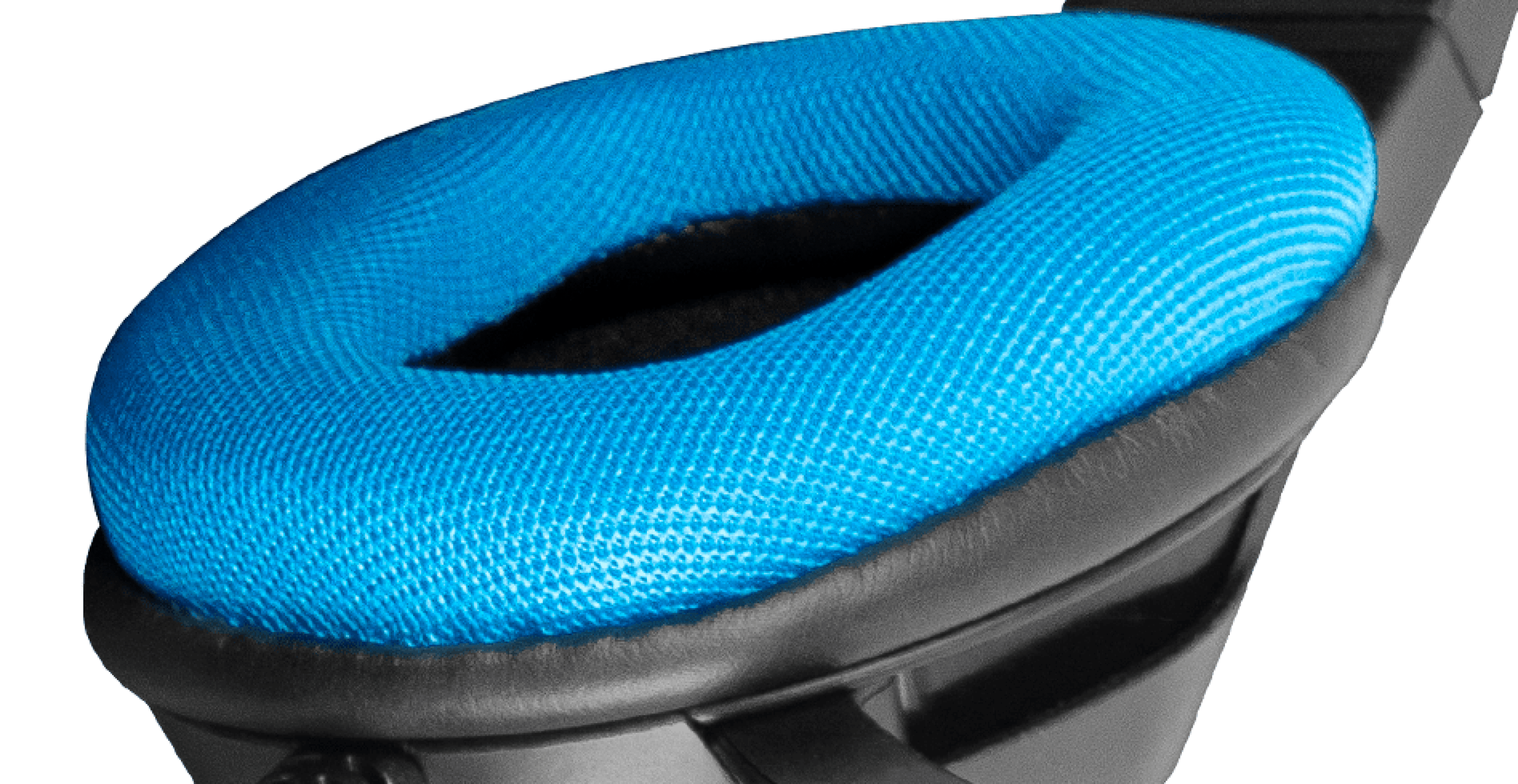 Close-up of a black and blue over-ear headphone ear cushion with a textured blue fabric surface