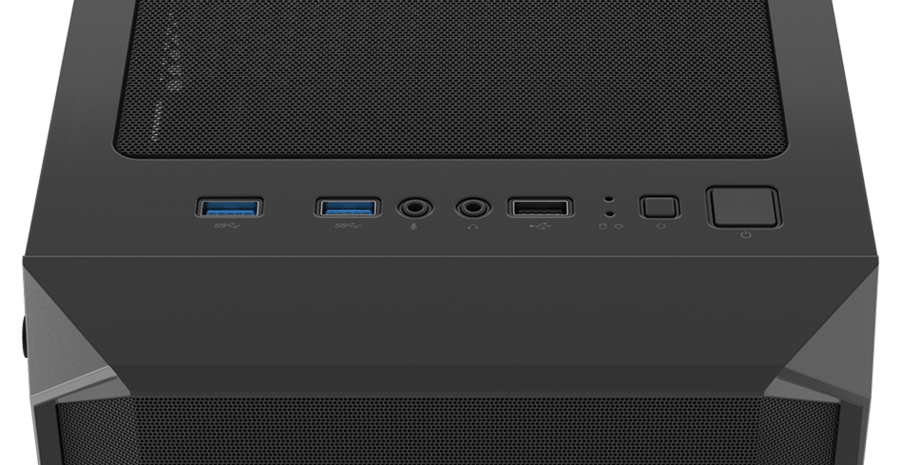 Black RGB midi tower computer case with side window and top panel featuring USB ports and audio jacks
