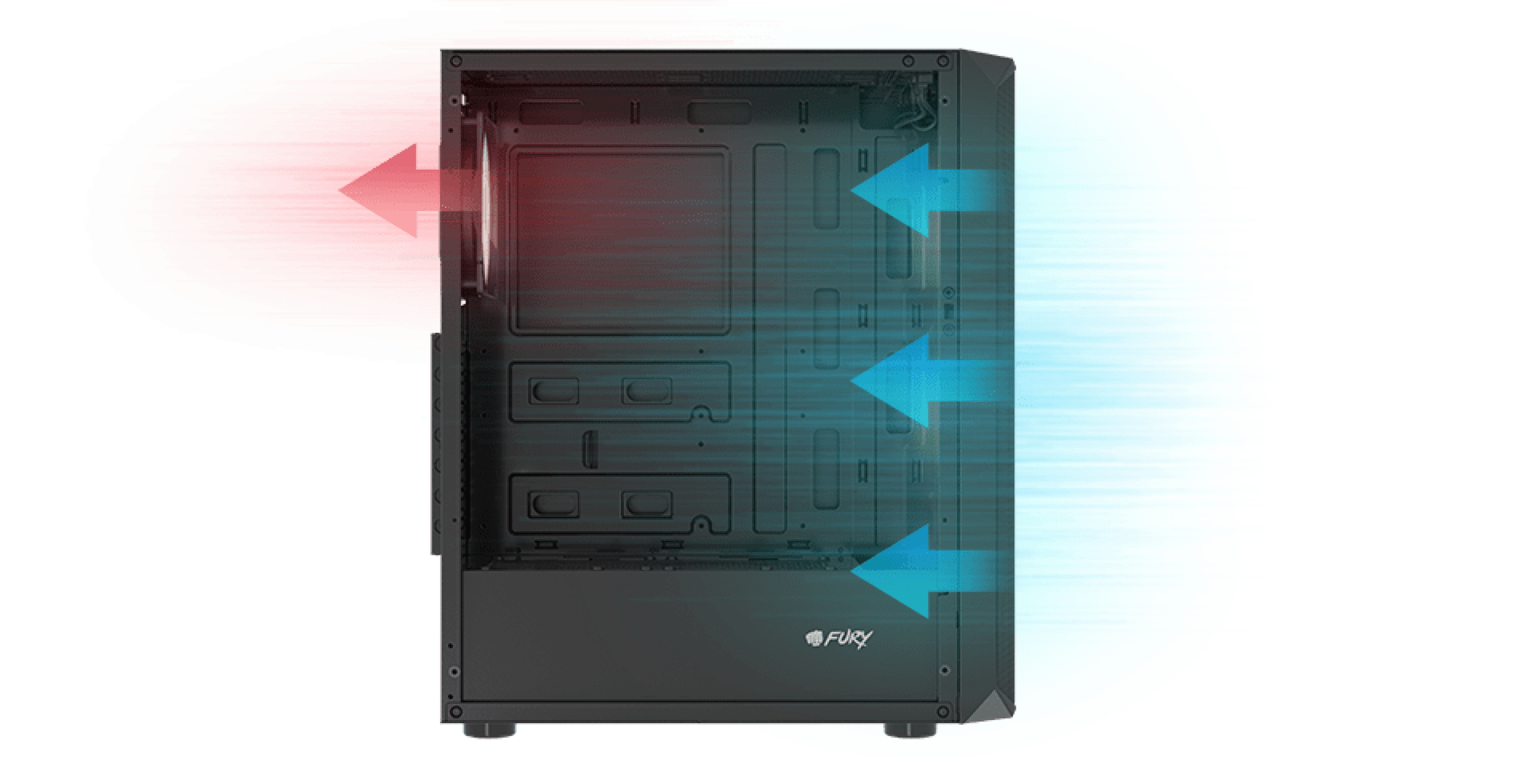 Black Fury Shobo SH4F RGB midi tower case with transparent side panel and airflow arrows indicating cooling directions