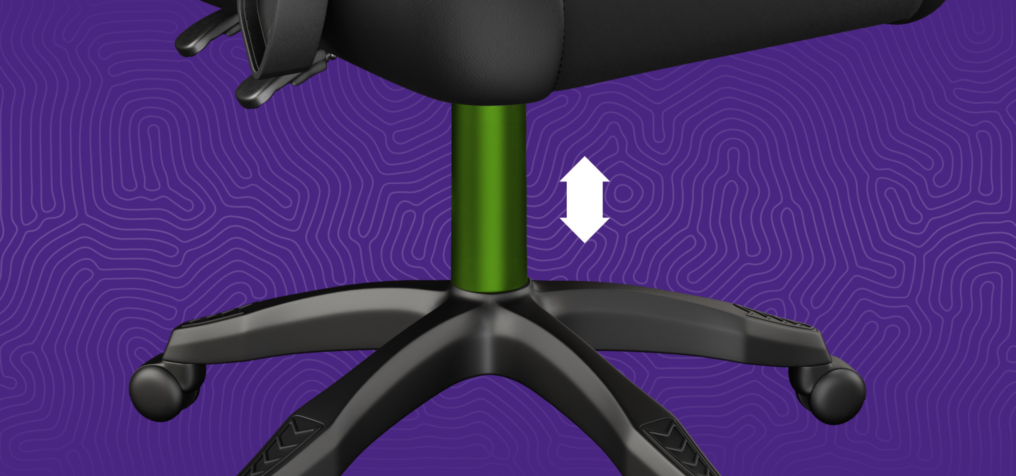 Adjustable gaming chair base featuring a green support post on a black frame