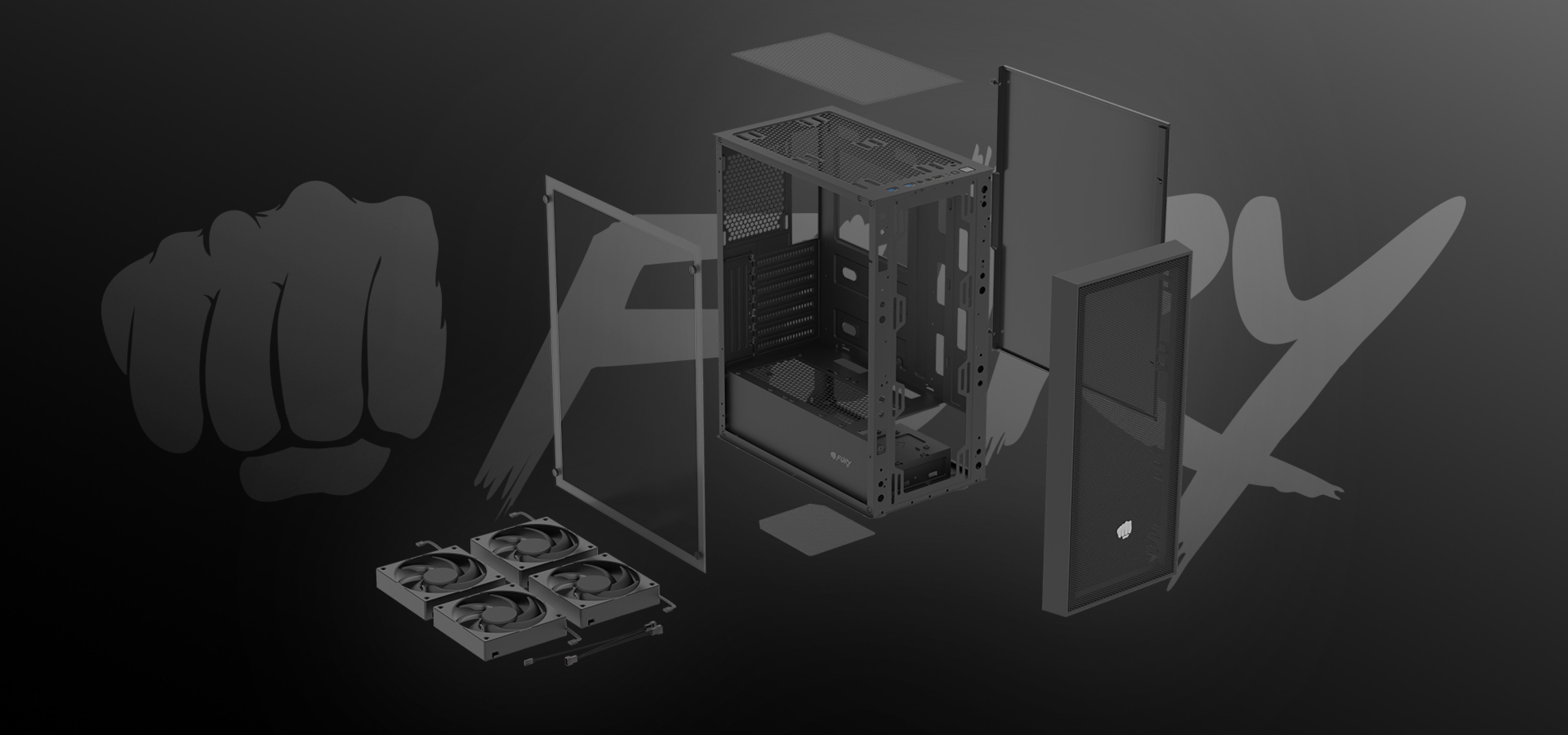 Computer case displayed with removable panels and multiple cooling fans visible beside it.