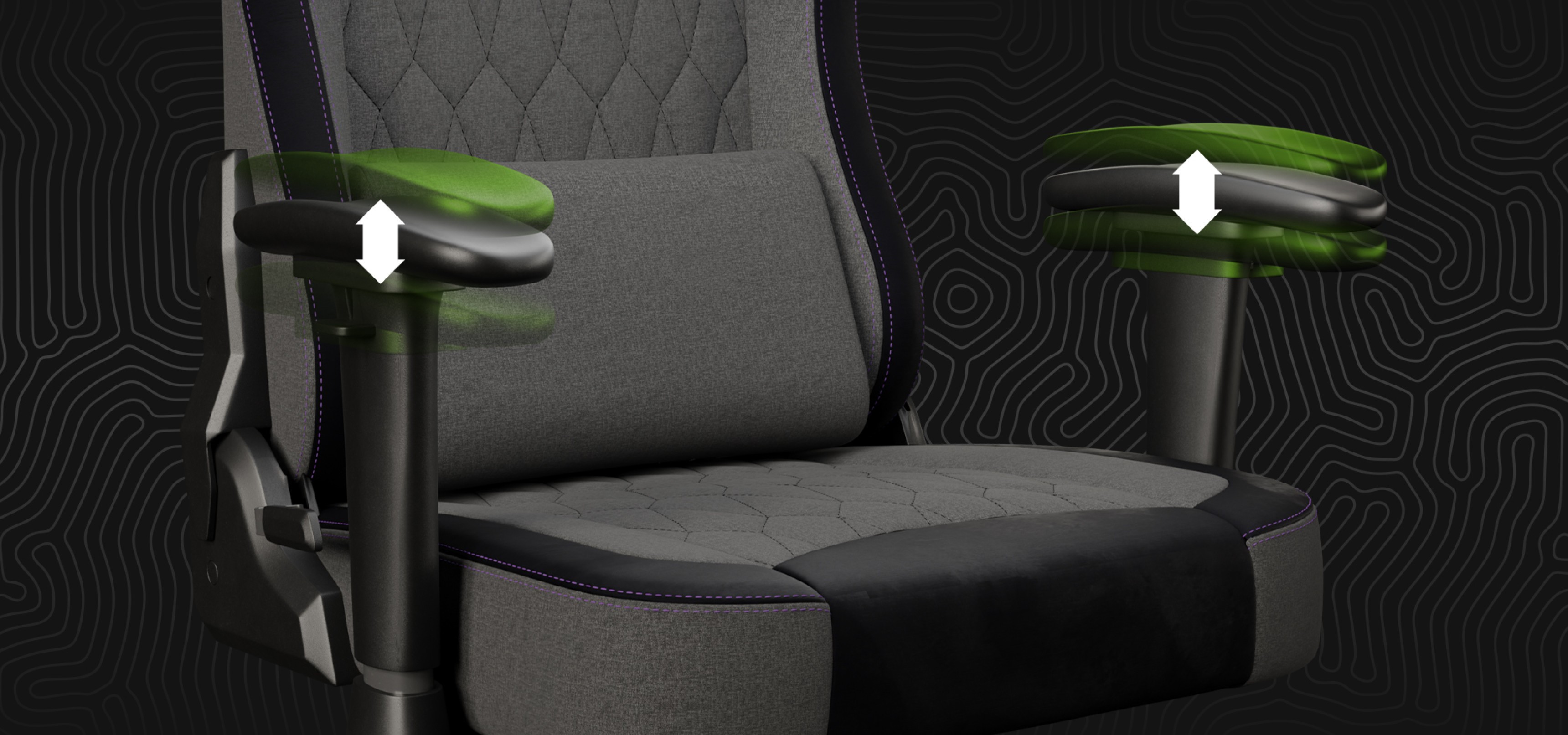 Gaming chair with adjustable armrests in gray and black fabric with a quilted design