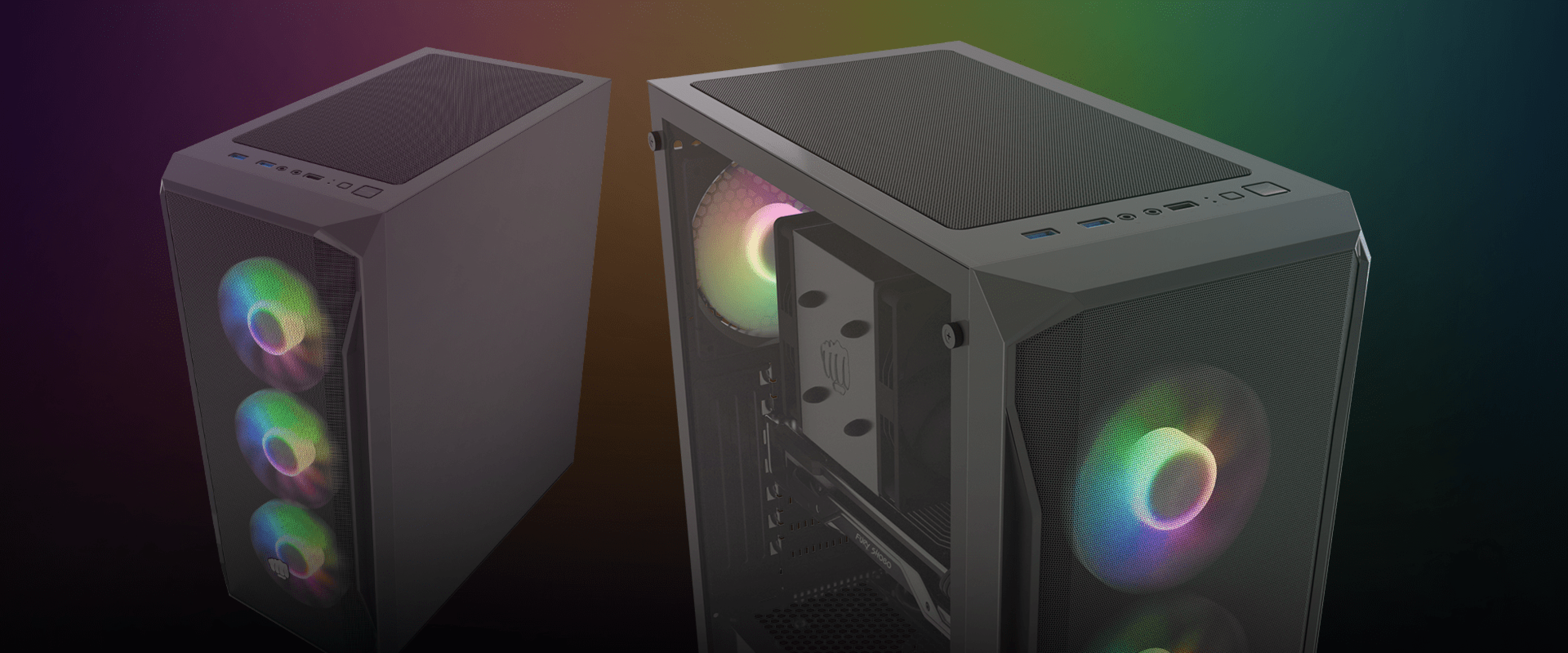 Black MIDI tower case with tempered glass side panel and RGB fans, showcasing a stylish design