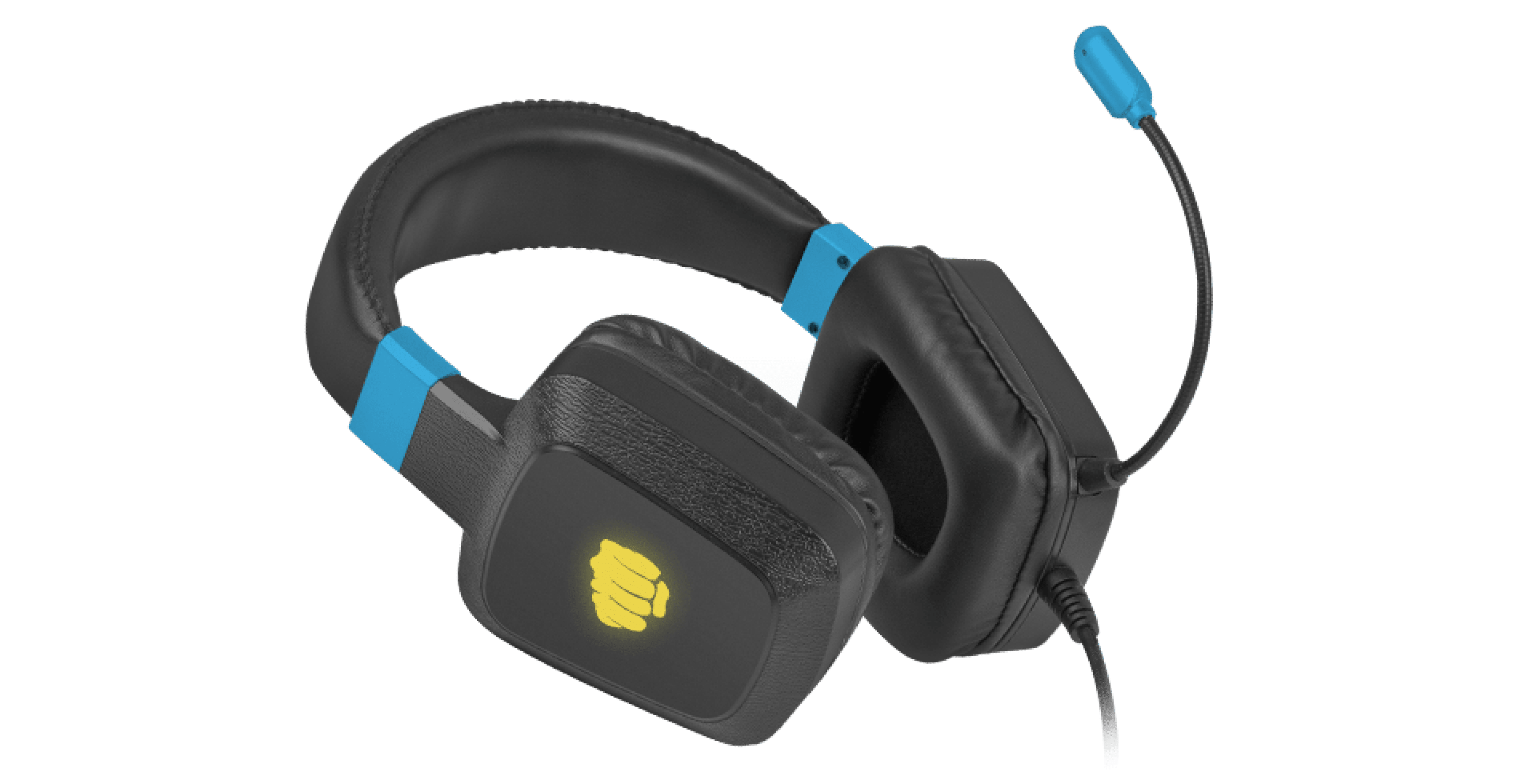 Black and blue over-ear headphones with a microphone and RGB lighting. Features a durable design for gaming and audio use