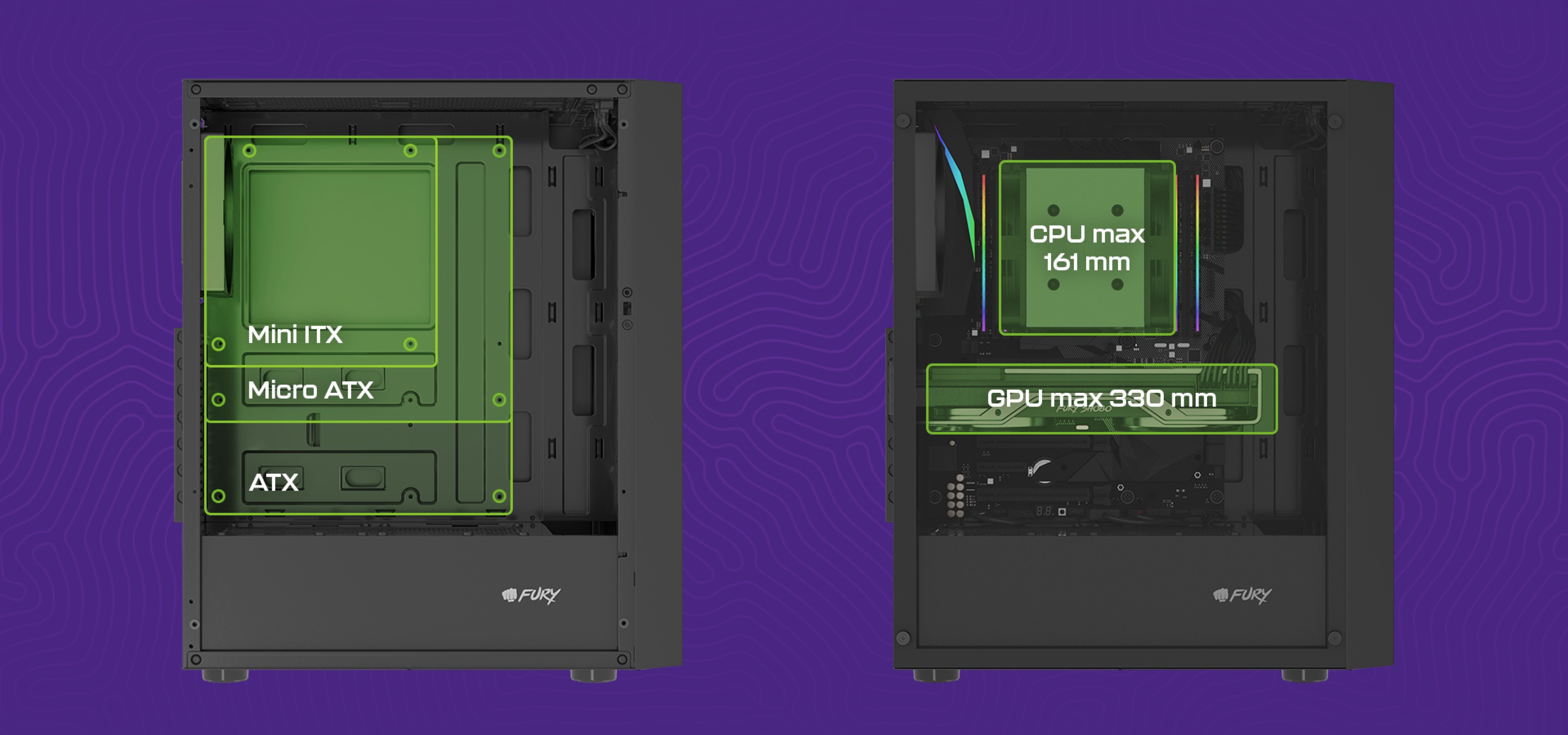 Computer case displaying internal layouts for different motherboard sizes and cooling limits.