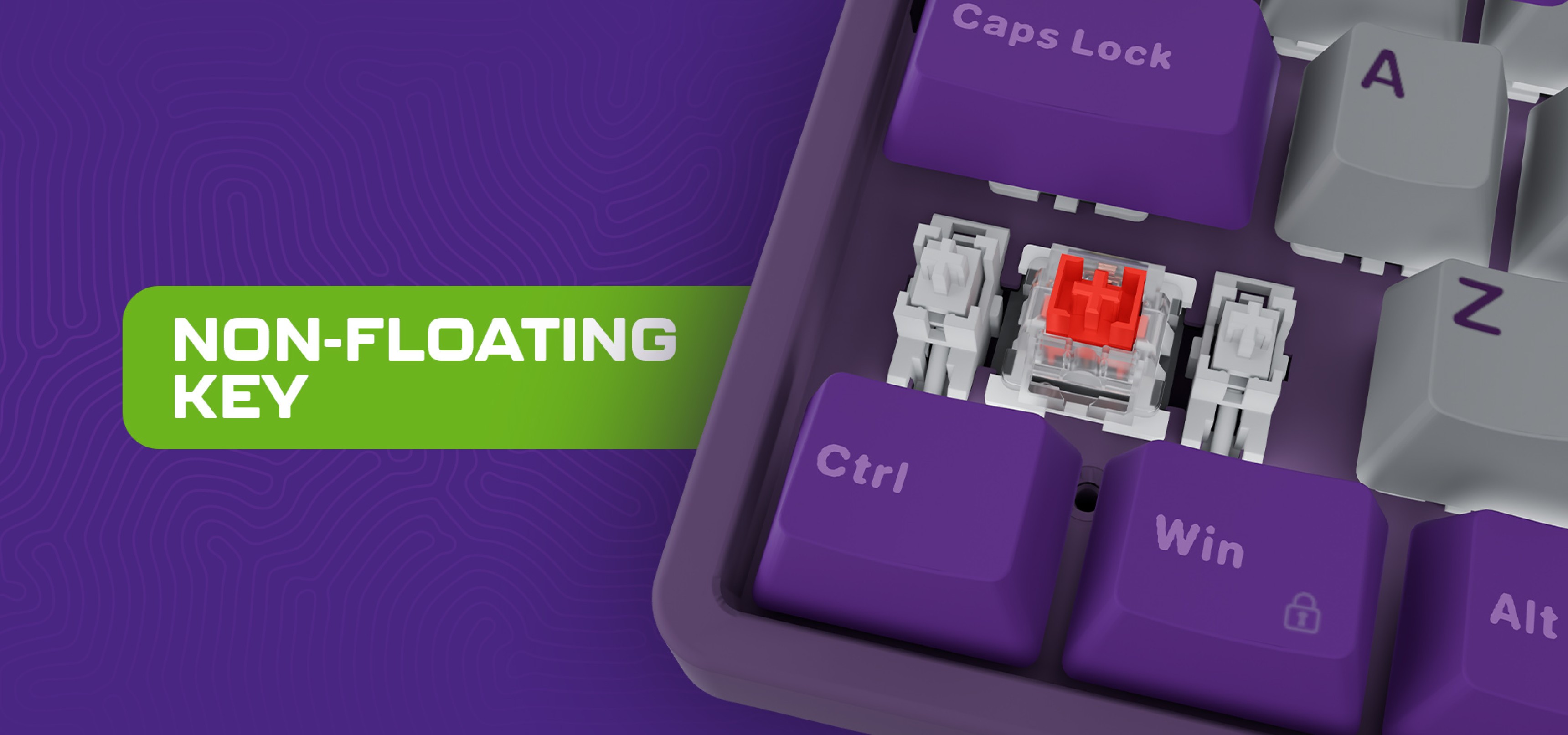 Close-up of a keyboard showing a red key switch and non-floating key design.