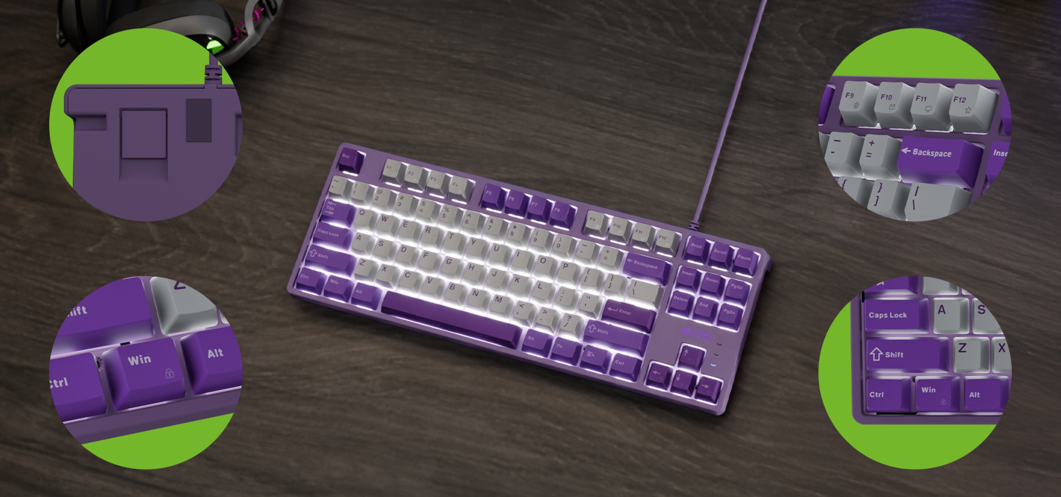 Compact keyboard with purple and white keys, featuring a wired connection and unique designs.