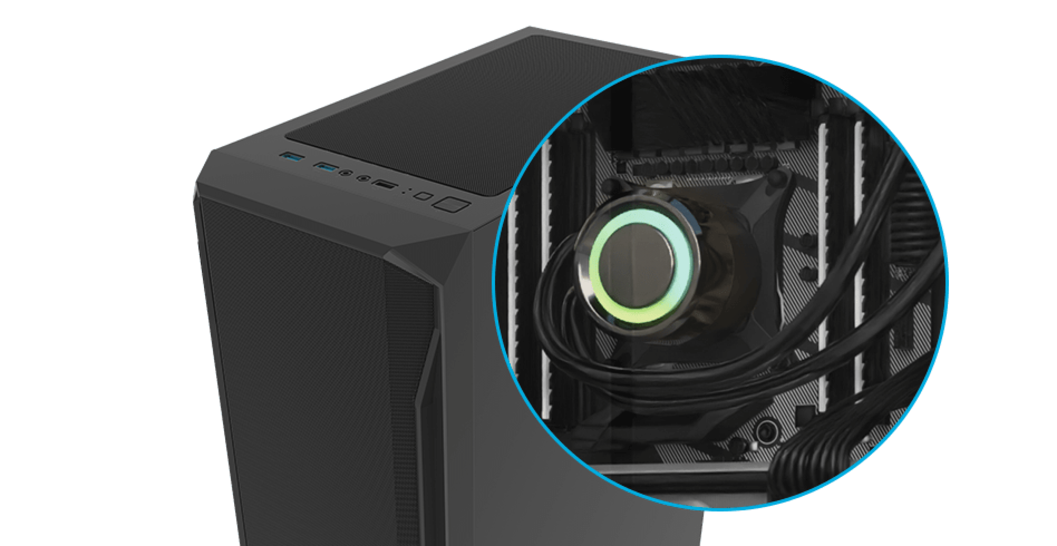 MIDI tower PC case with a black design, featuring a windowed side panel and visible RGB cooling component inside