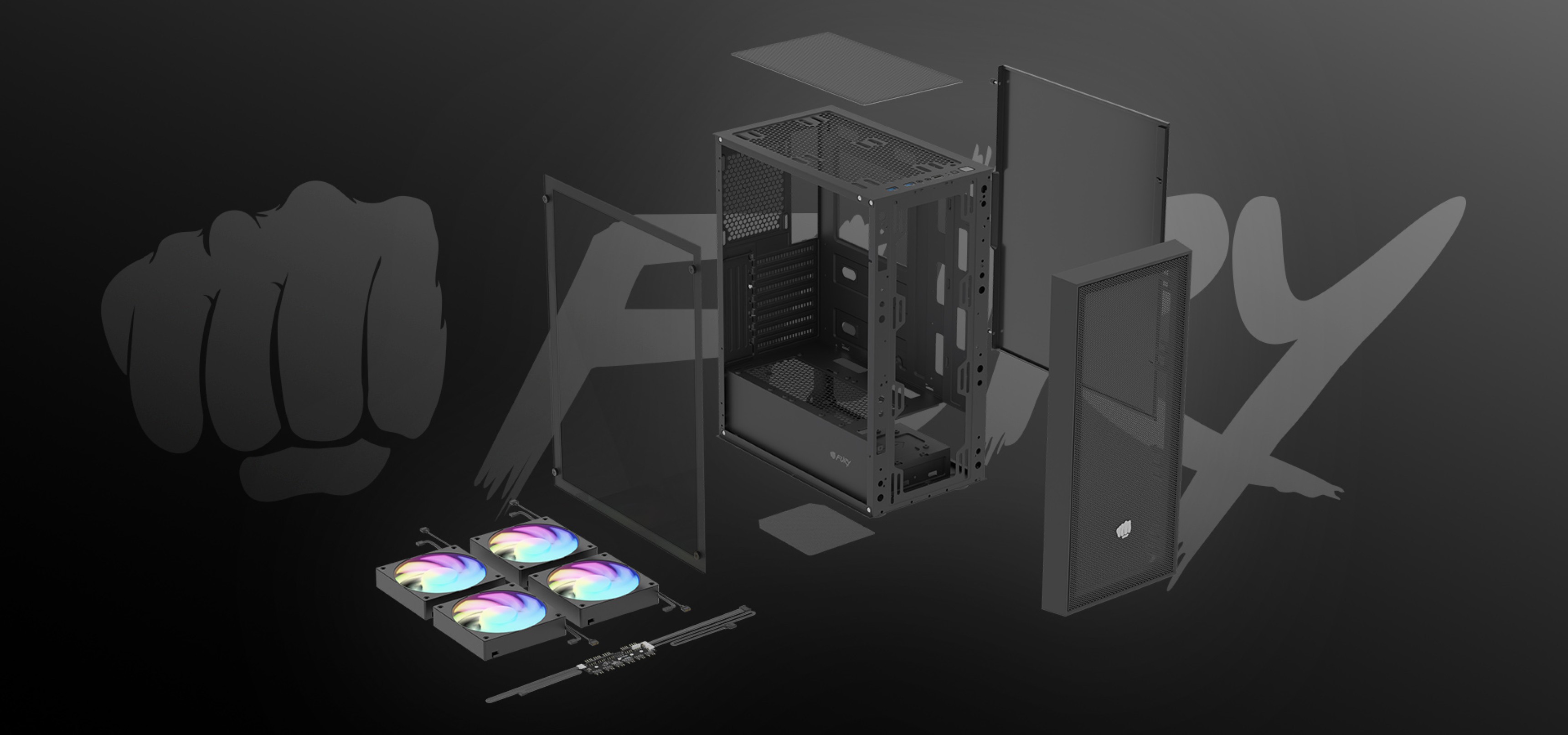 A computer case displayed with components like fans and side panels on a dark background.