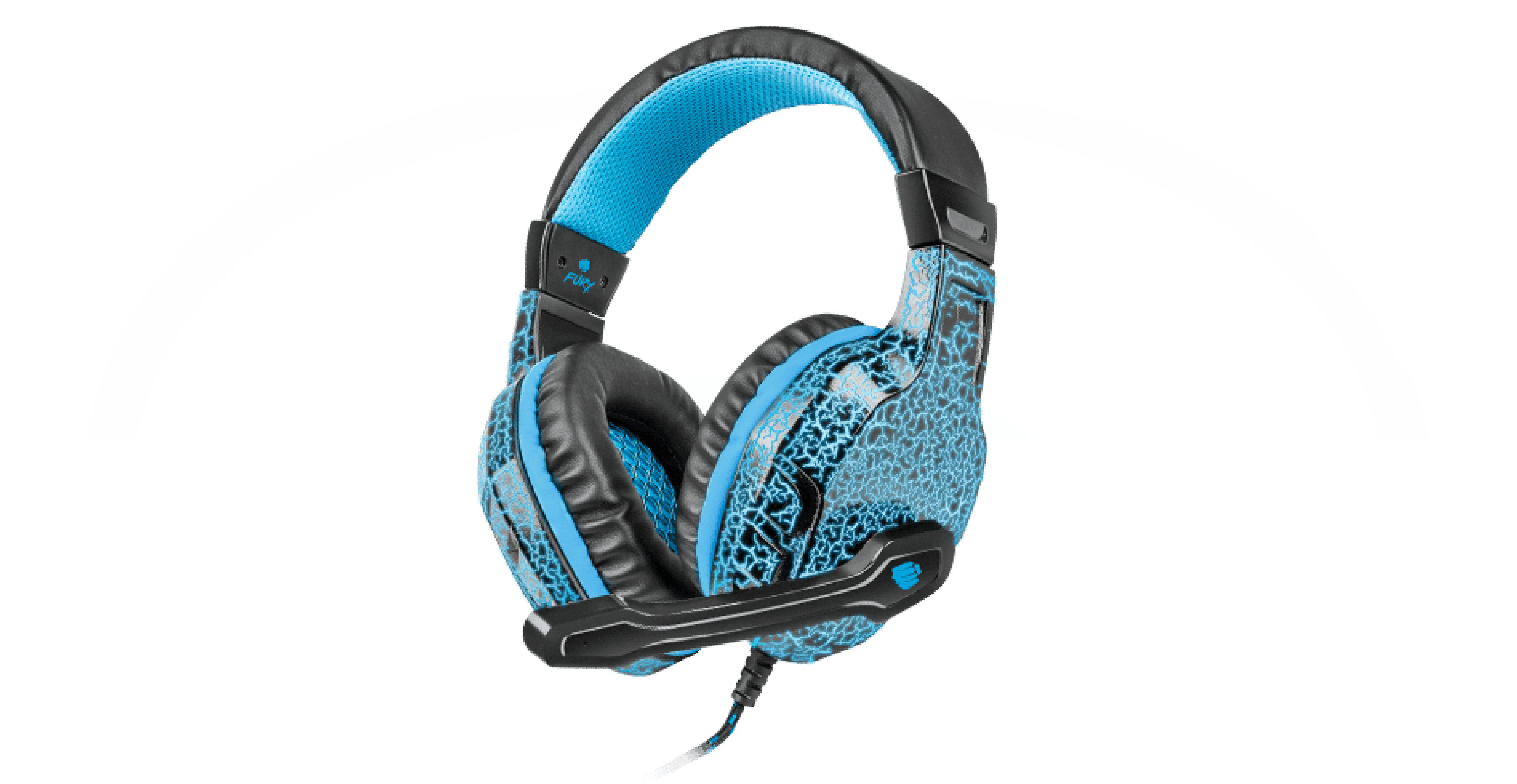 Black and blue over-ear headphones with a microphone and light-up design, featuring textured detailing