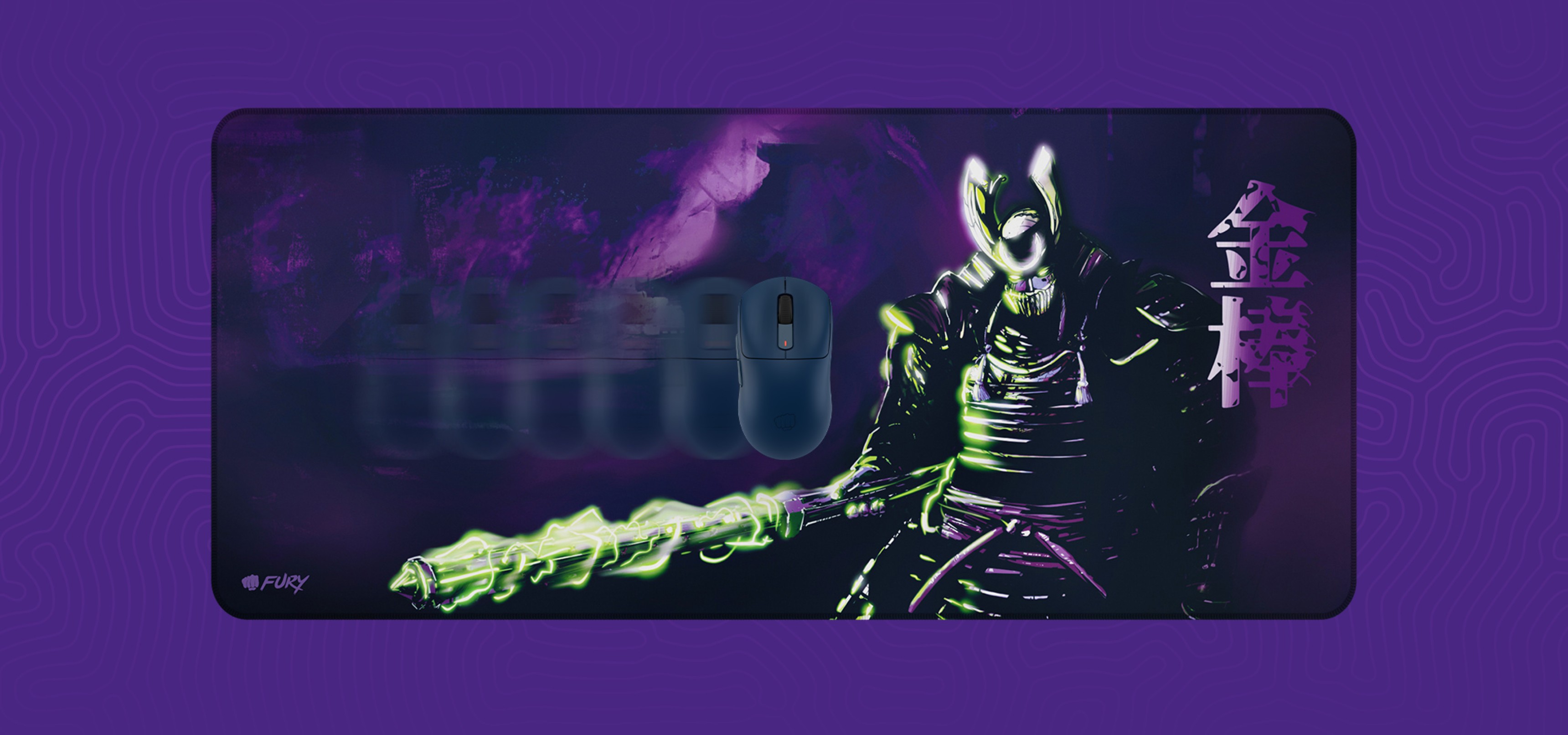 Mouse pad featuring a character holding a glowing weapon with a dark and colorful background.
